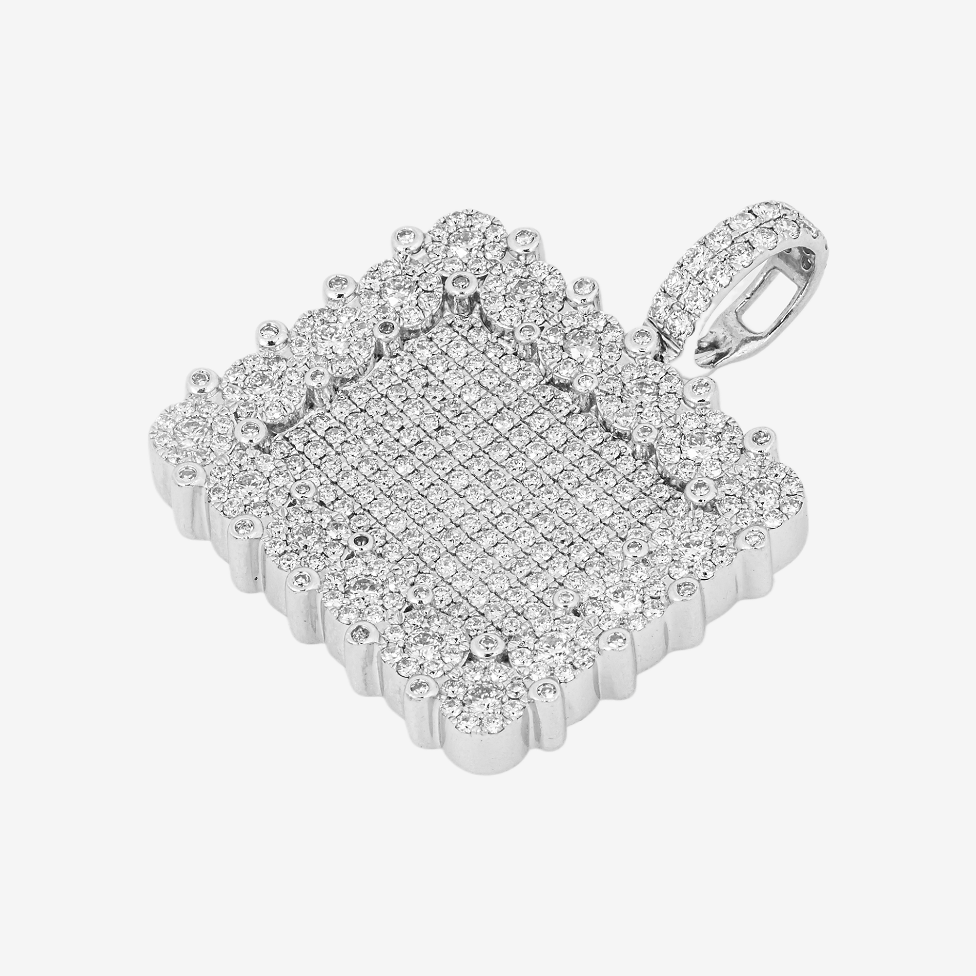 14K FULL PAVE DIAMOND SQUARE PENDANT ICED OUT ROUND DIAMOND CLUSTER BEZEL BORDER IN WG