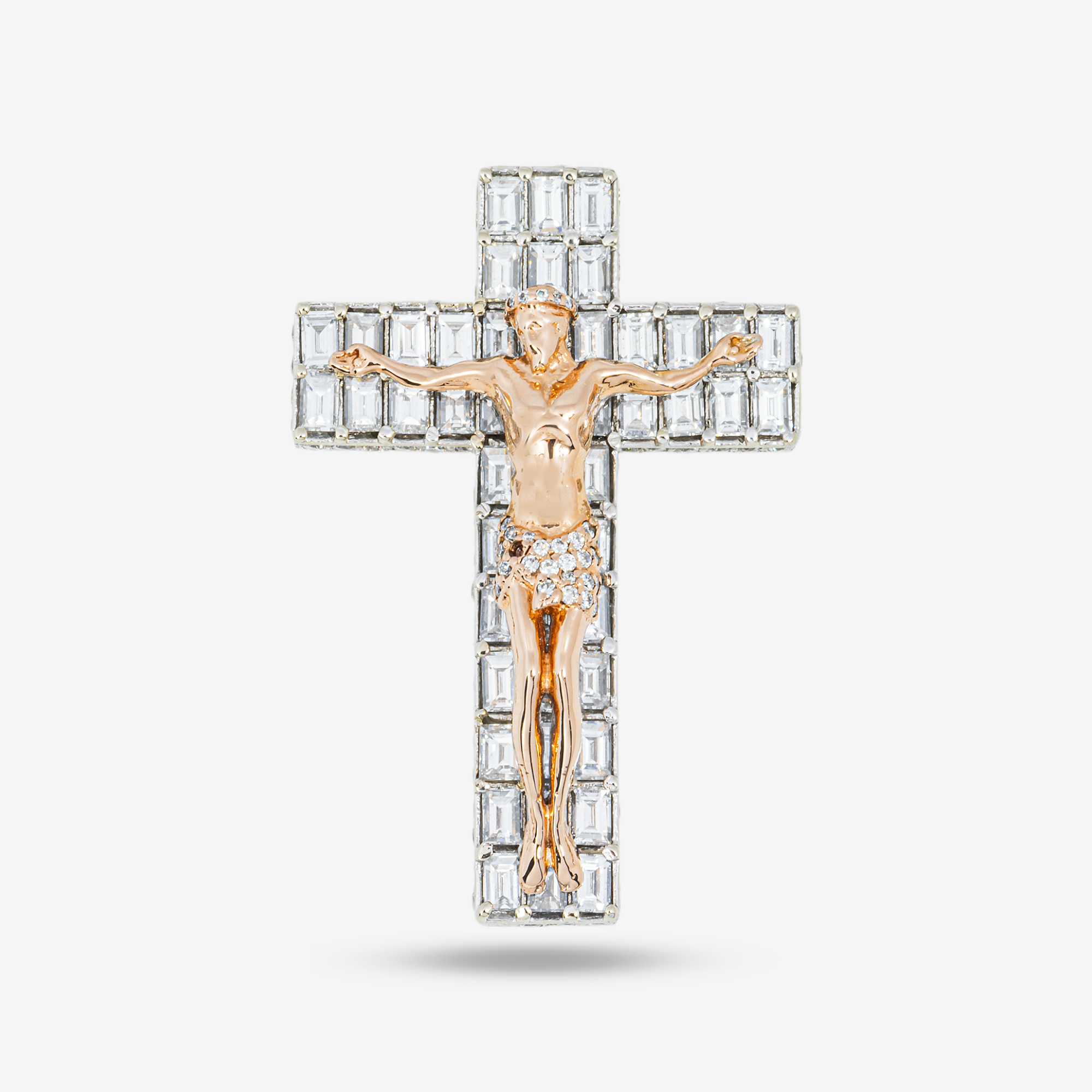 14K JESUS CROSS PENDANT IN RG 1.5" W/5.5CT EMERALD DIAMONDS