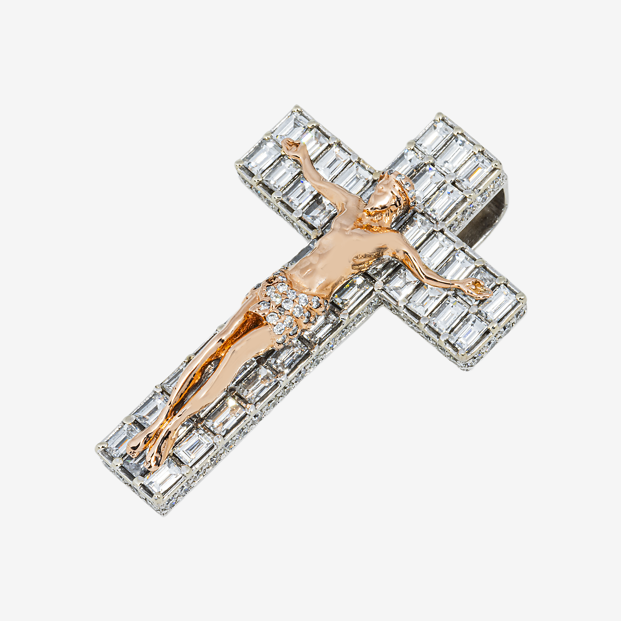 14K JESUS CROSS PENDANT IN RG 1.5" W/5.5CT EMERALD DIAMONDS