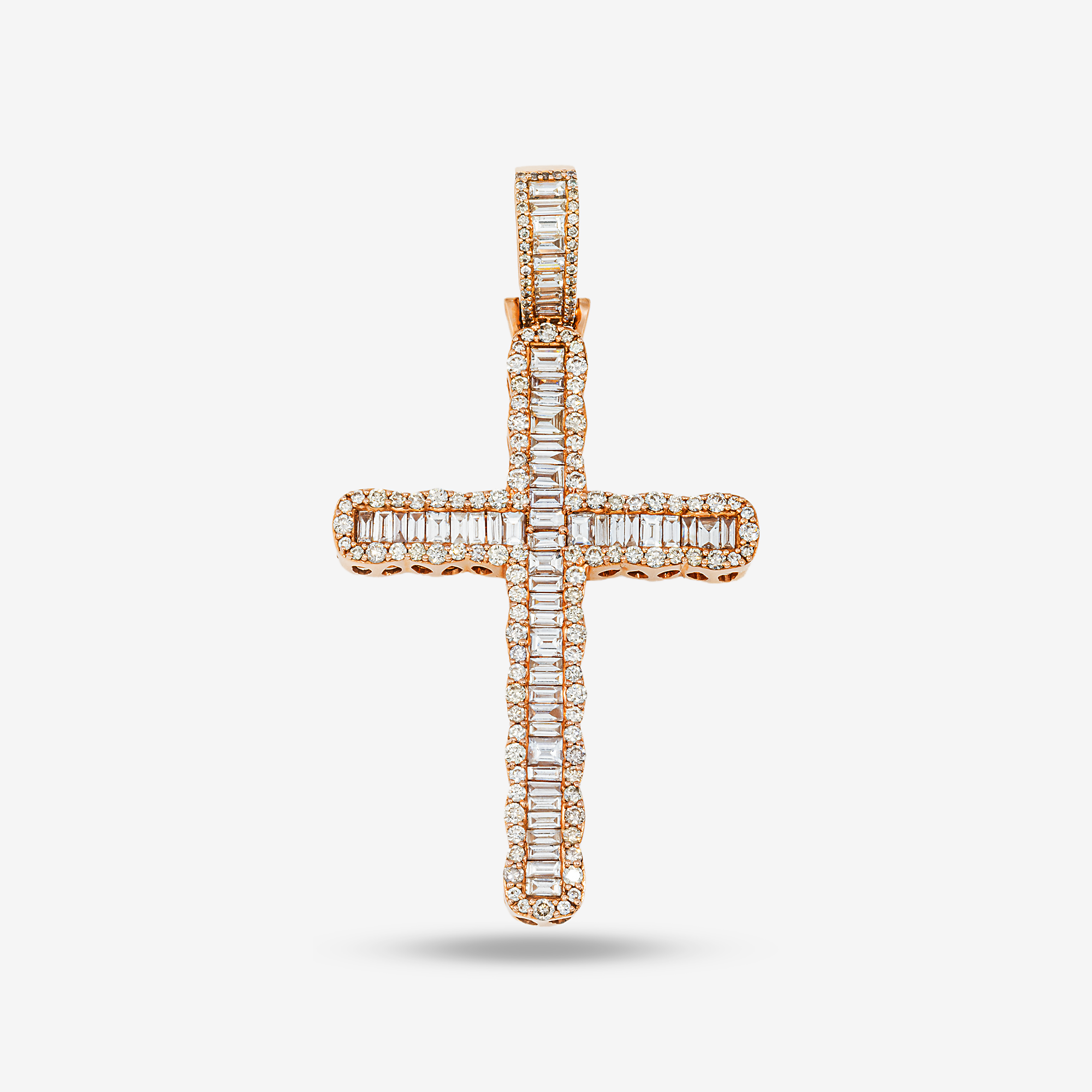 14K CROSS PENDANT IN RG 2" W/8.9CT BAGGUETTE DIAMONDS