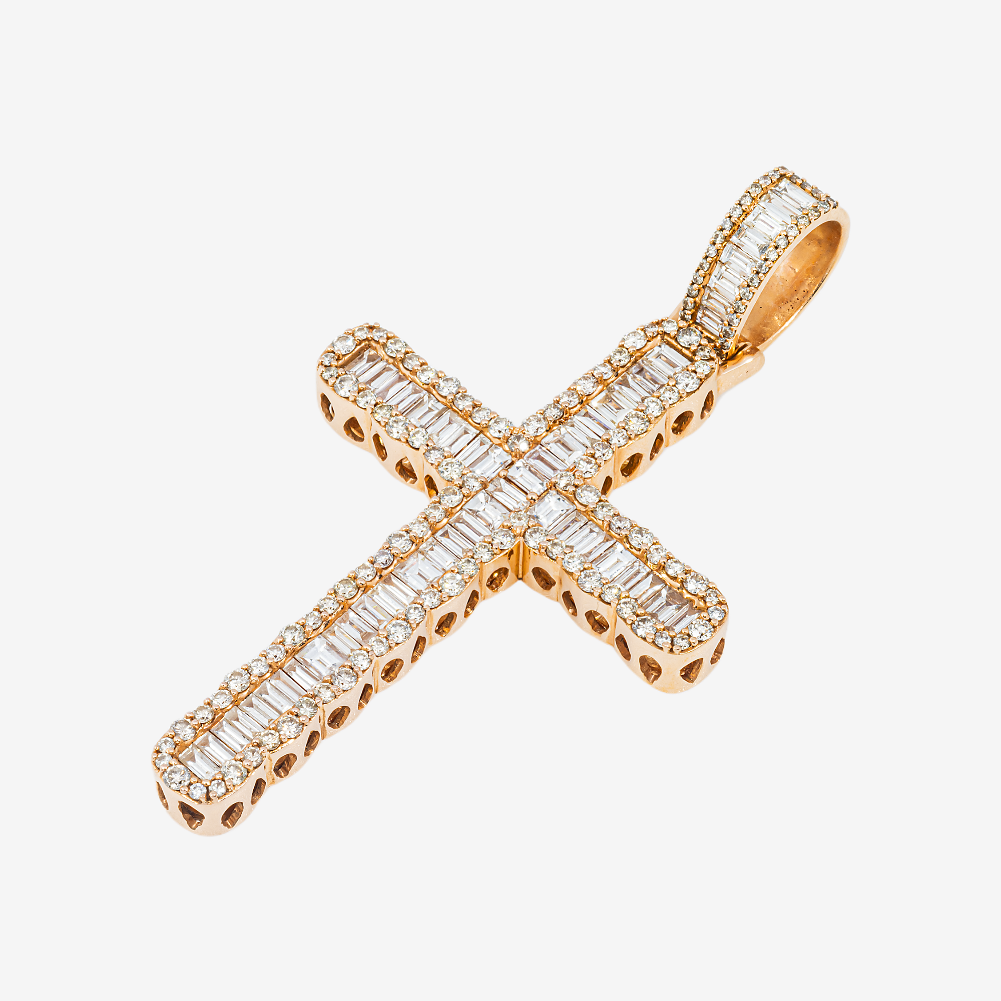 14K CROSS PENDANT IN RG 2" W/8.9CT BAGGUETTE DIAMONDS