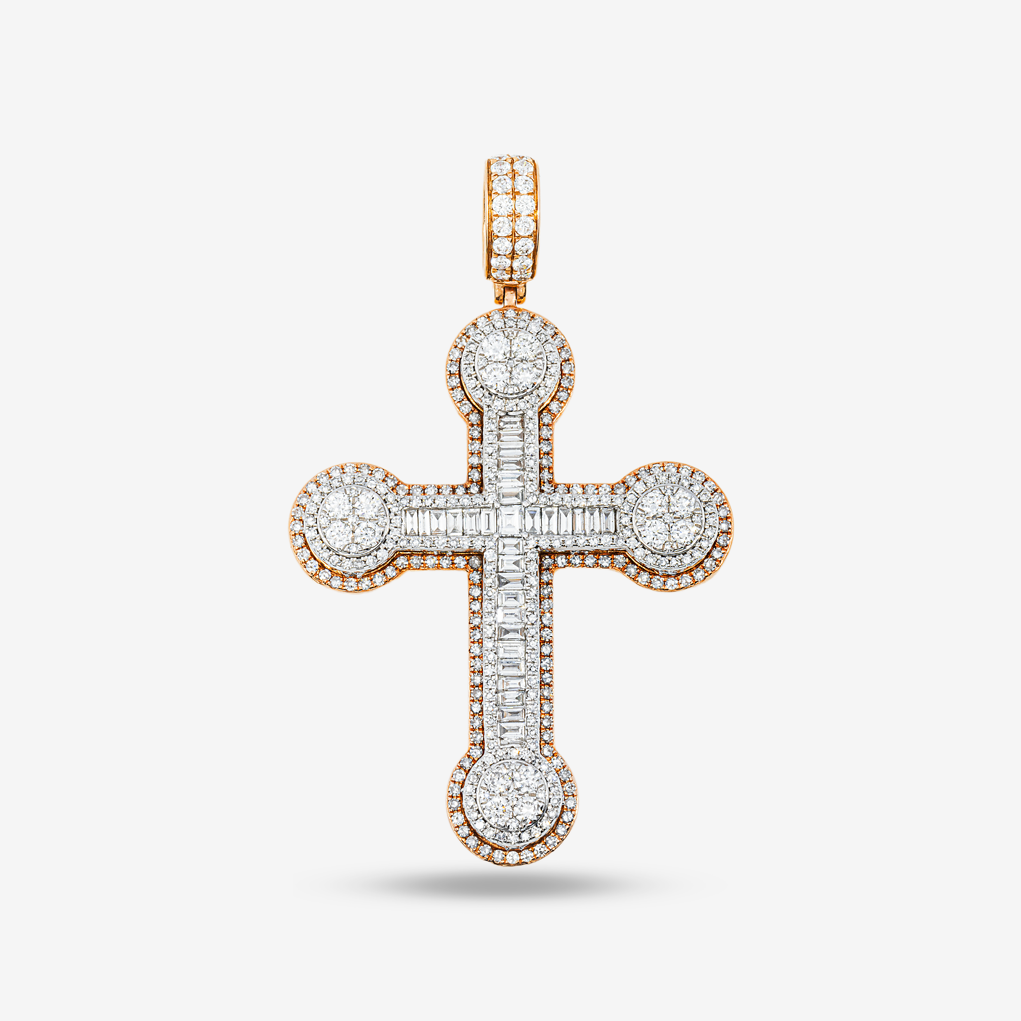 14K CROSS PENDANT TWO TONE RG/WG 2" W/6.2CT BAGGUETTE DIAMONDS