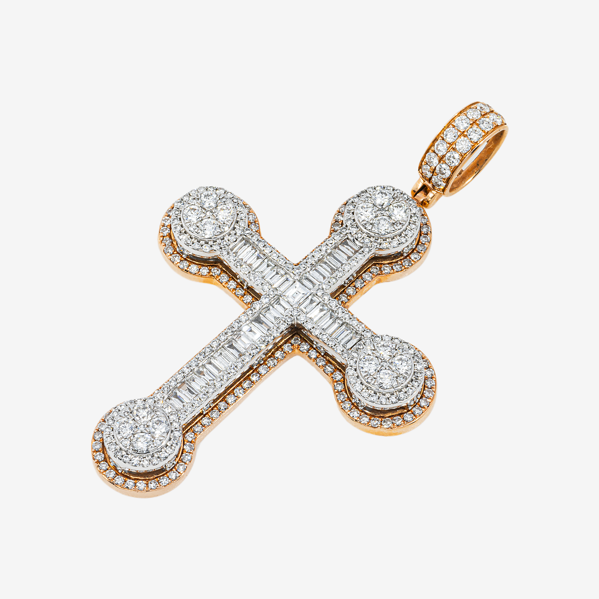14K CROSS PENDANT TWO TONE RG/WG 2" W/6.2CT BAGGUETTE DIAMONDS
