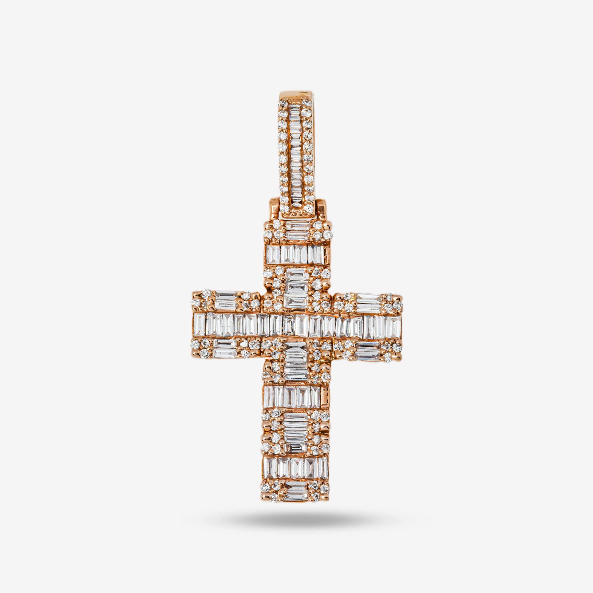 14K CROSS PENDANT IN RG 1.25" W/1.1CT BAGGUETTE DIAMONDS