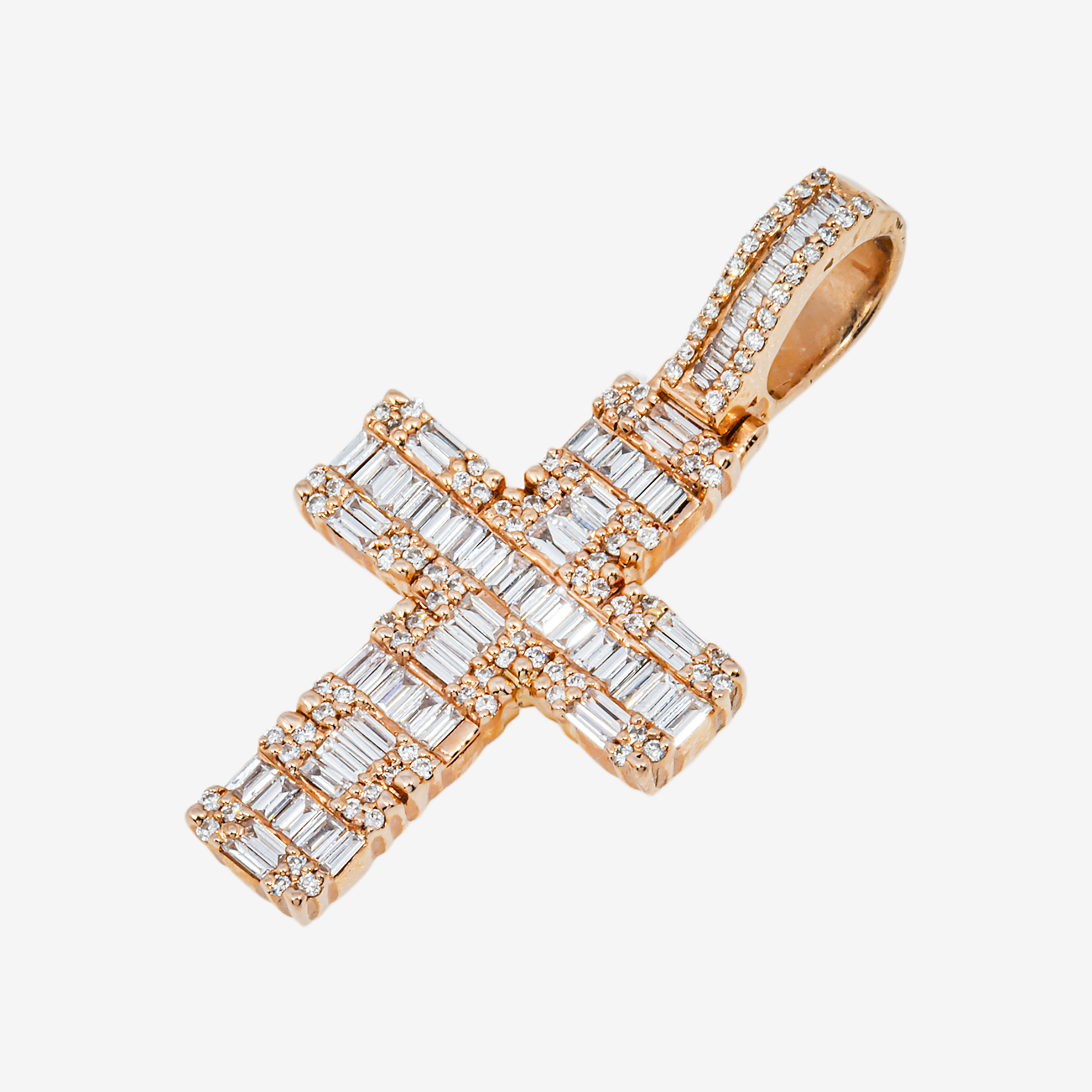 14K CROSS PENDANT IN RG 1.25" W/1.1CT BAGGUETTE DIAMONDS