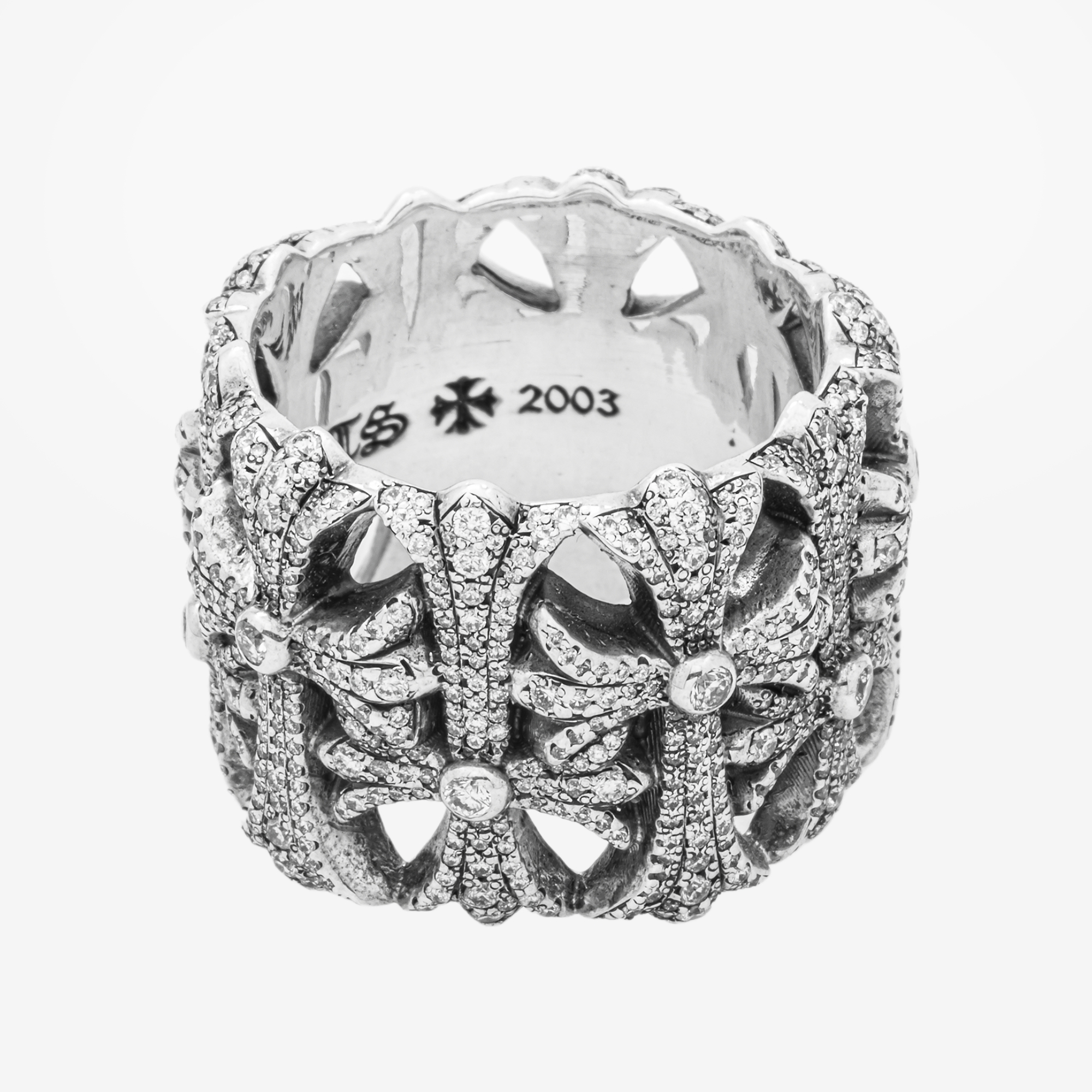 CHROME HEARTS STERLING SILVER DIAMOND PAVE CROSS CEMETERY RING WIDE BAND GOTHIC LUXURY STREETWEAR STATEMENT RING