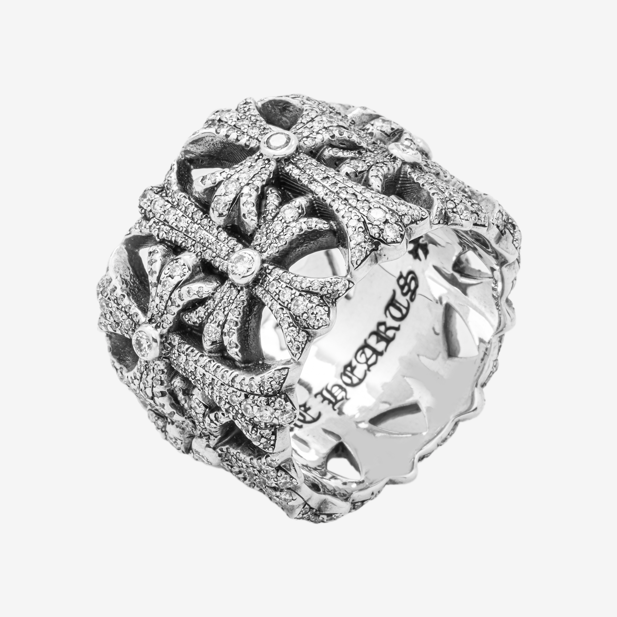 CHROME HEARTS STERLING SILVER DIAMOND PAVE CROSS CEMETERY RING WIDE BAND GOTHIC LUXURY STREETWEAR STATEMENT RING