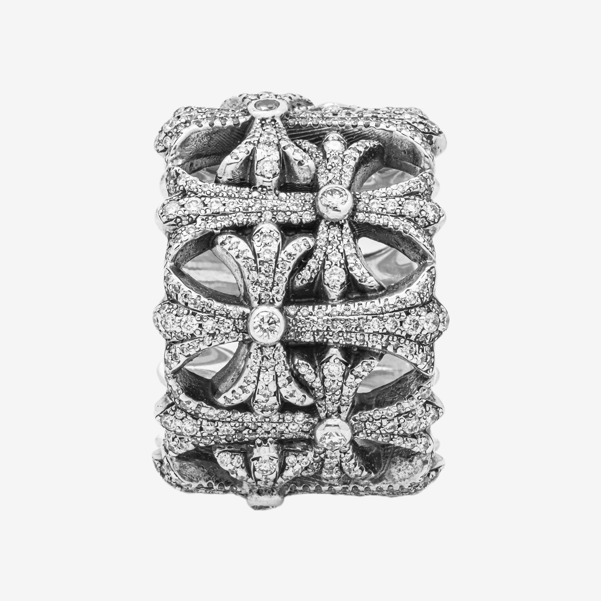 CHROME HEARTS STERLING SILVER DIAMOND PAVE CROSS CEMETERY RING WIDE BAND GOTHIC LUXURY STREETWEAR STATEMENT RING