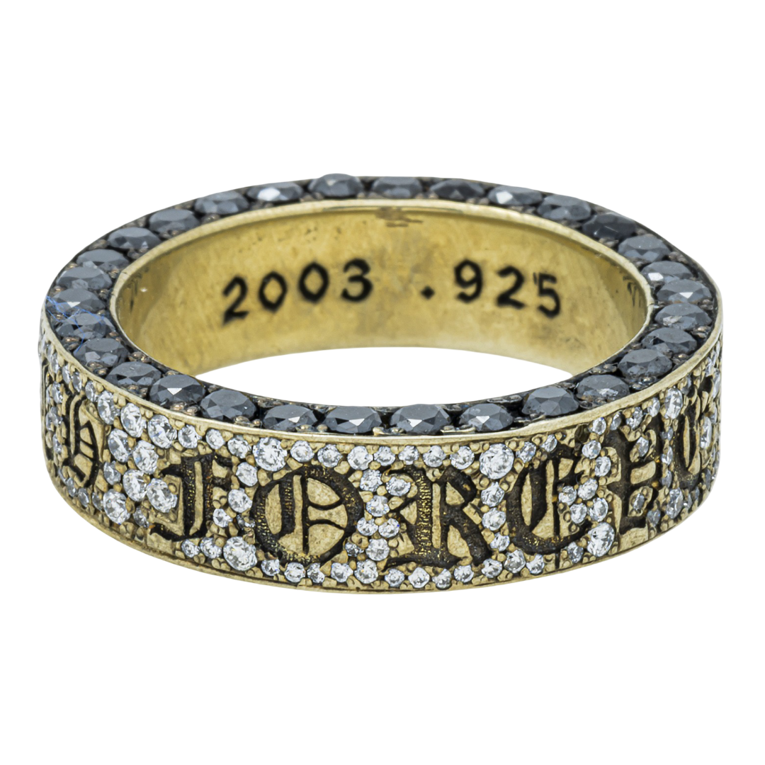 CHROME HEARTS 925 STERLING SILVER GOLD VERMEIL BLACK & WHITE DIAMOND PAVE GOTHIC SCRIPT ETERNITY BAND LUXURY STREETWEAR STATEMENT RING