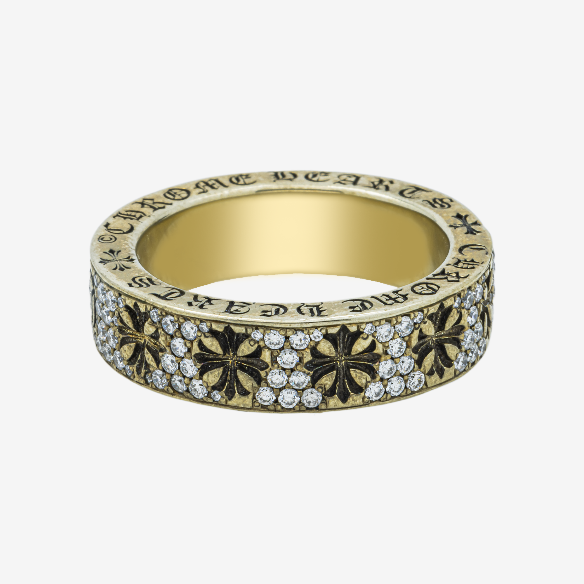 CHROME HEARTS 925 STERLING SILVER GOLD VERMEIL BLACK & WHITE DIAMOND PAVE GOTHIC SCRIPT ETERNITY BAND LUXURY STREETWEAR STATEMENT RING