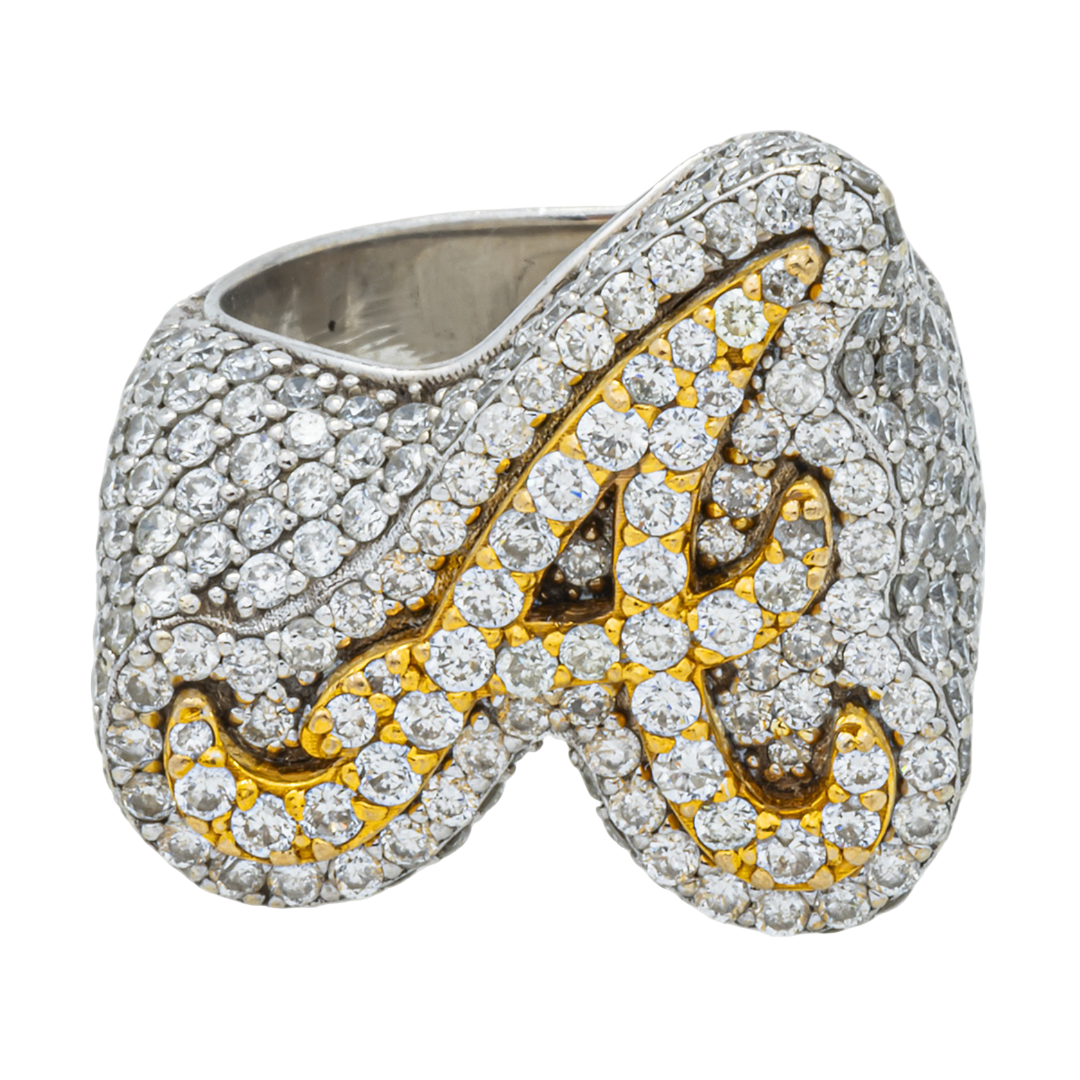 14K TWO-TONE GOLD DIAMOND PAVE SCRIPT INITIAL "A" RING CURSIVE LETTER DOME STATEMENT RING