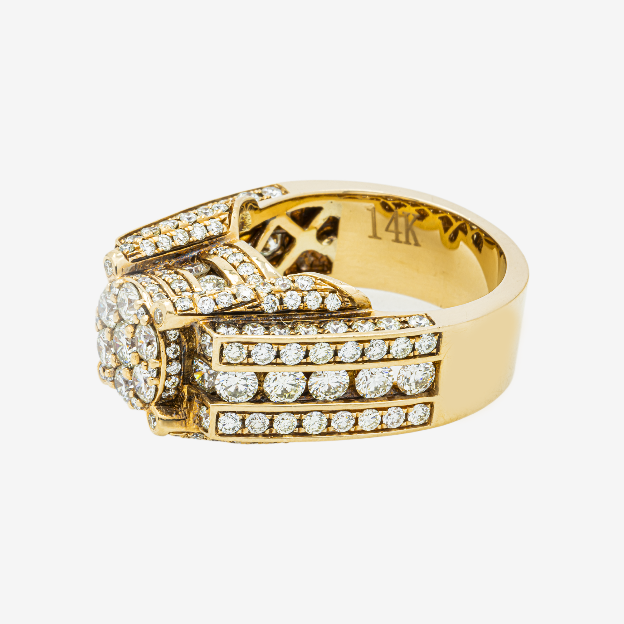 14K ROUND DIAMOND CLUSTER CENTER WIDE BAND RING MULTI-ROW PAVE CHANNEL SET ILLUSION HALO STATEMENT COCKTAIL RING IN YG