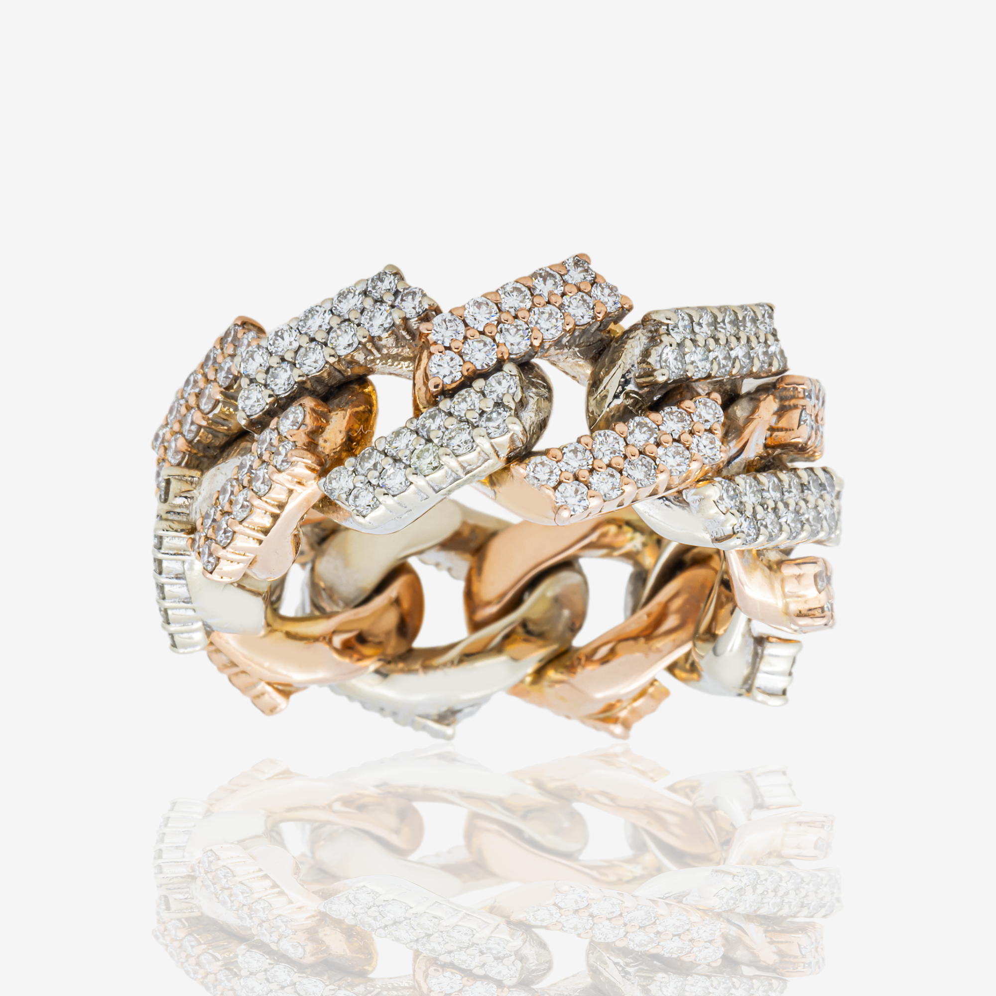 14K PRONG SET CUBAN LINK RING IN RG/WG TWO TONE 7.84 CT DIAMONDS