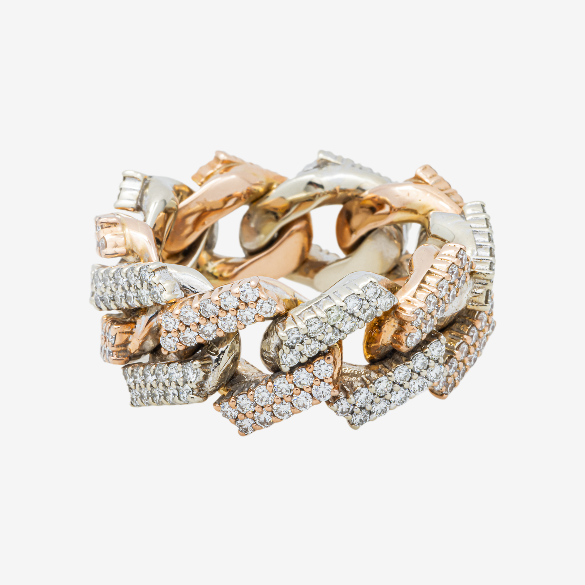 14K PRONG SET CUBAN LINK RING IN RG/WG TWO TONE 7.84 CT DIAMONDS
