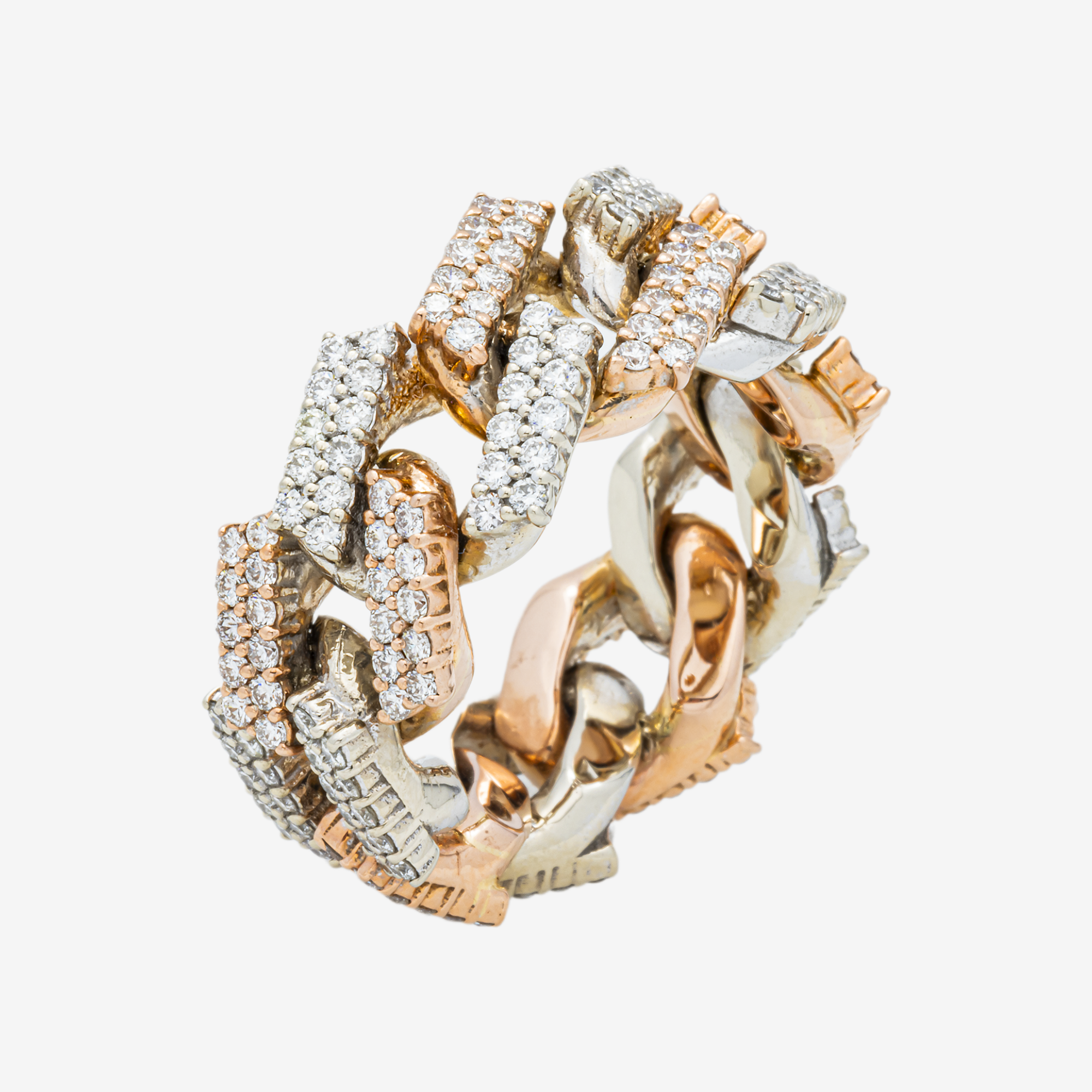 14K PRONG SET CUBAN LINK RING IN RG/WG TWO TONE 7.84 CT DIAMONDS