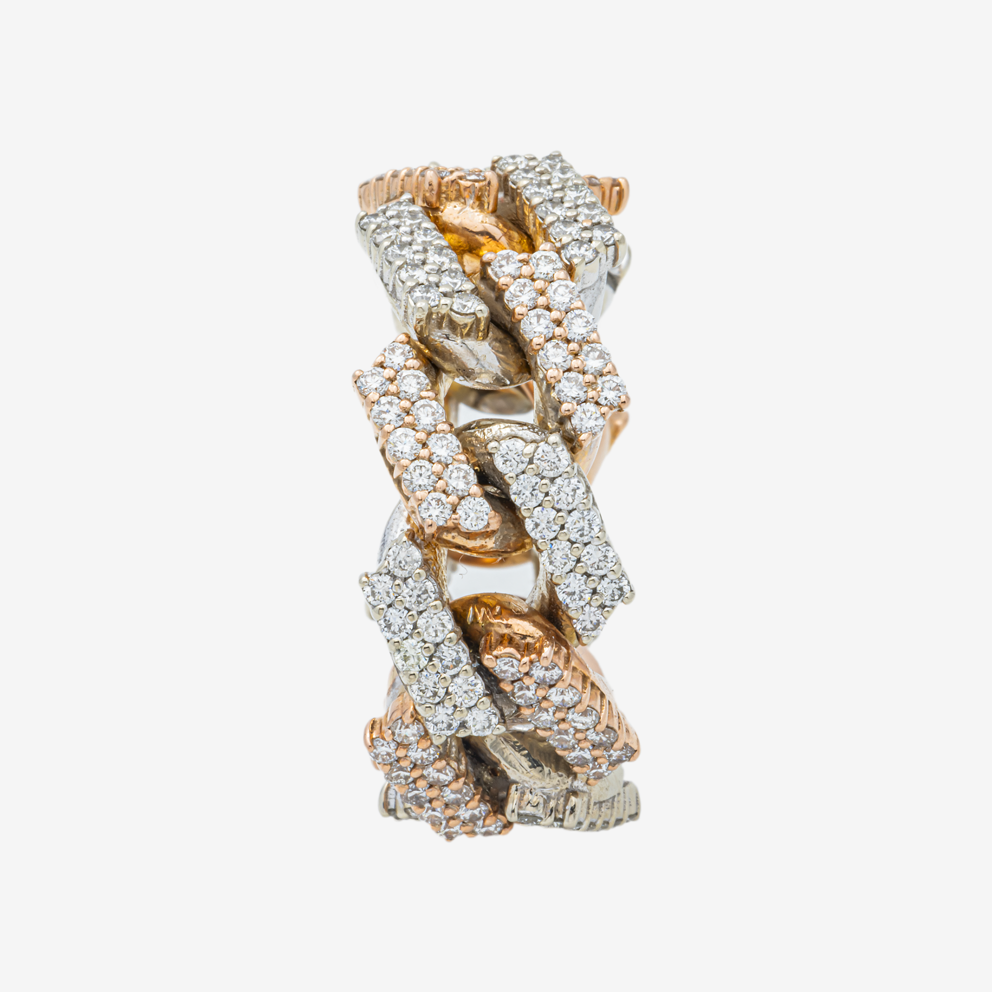 14K PRONG SET CUBAN LINK RING IN RG/WG TWO TONE 7.84 CT DIAMONDS
