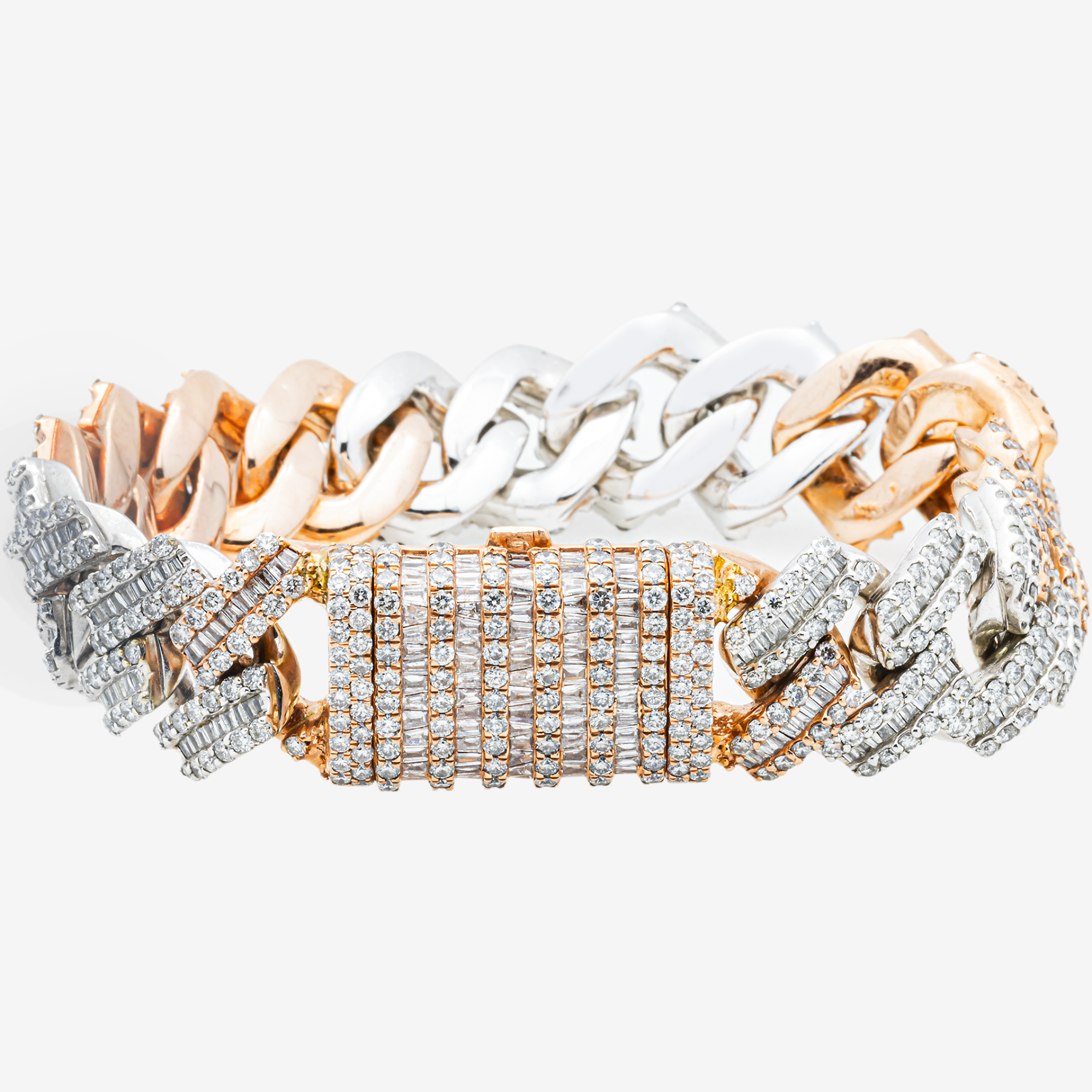 14K RG 7.5" / 16MM CUBAN LINK BRACELET WITH BAGUETTE DIAMONDS