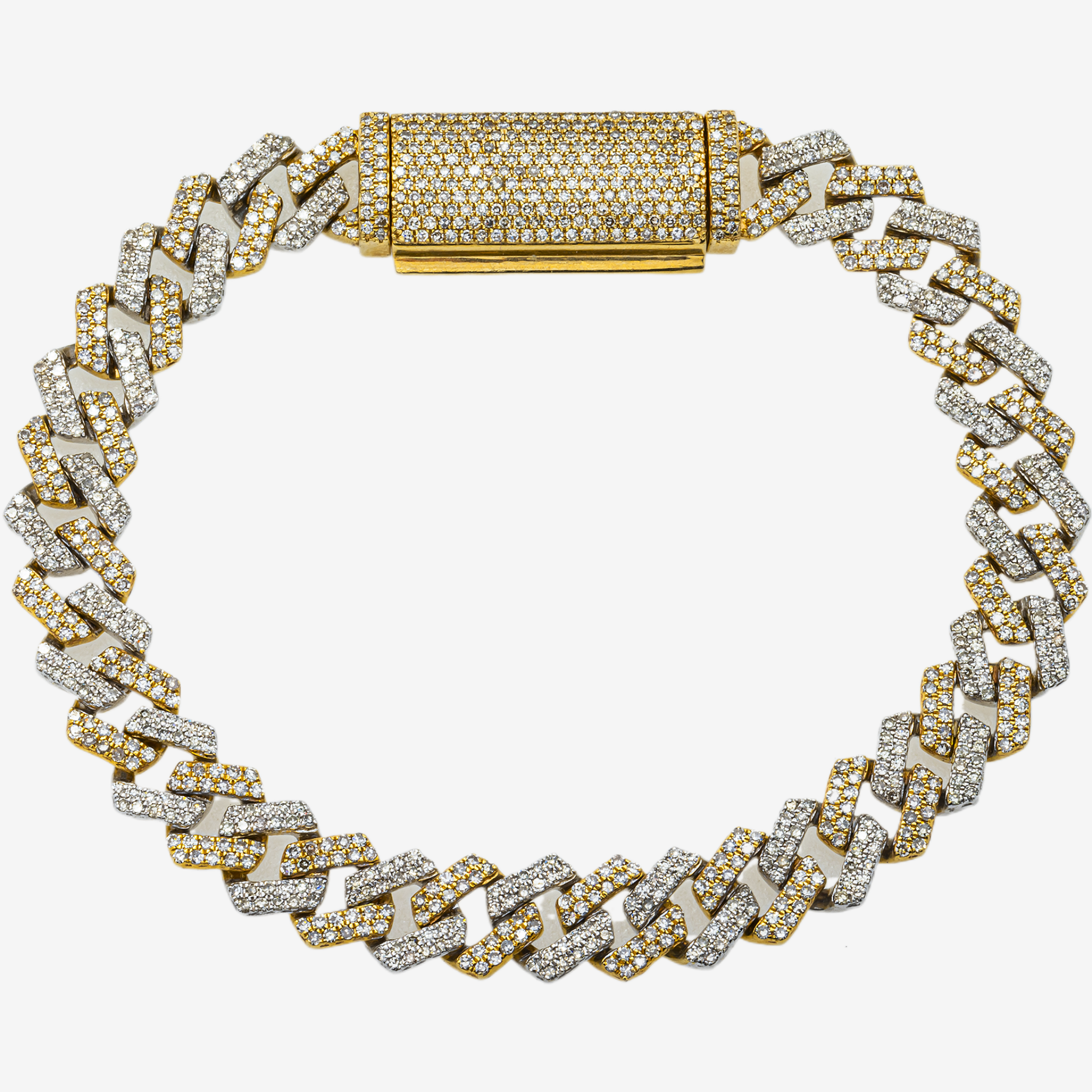 10K TWO TONE YELLOW AND WHITE GOLD 7.5" / 8MM PRONG SET CUBAN BRACELET WITH  4.5CT DIAMONDS
