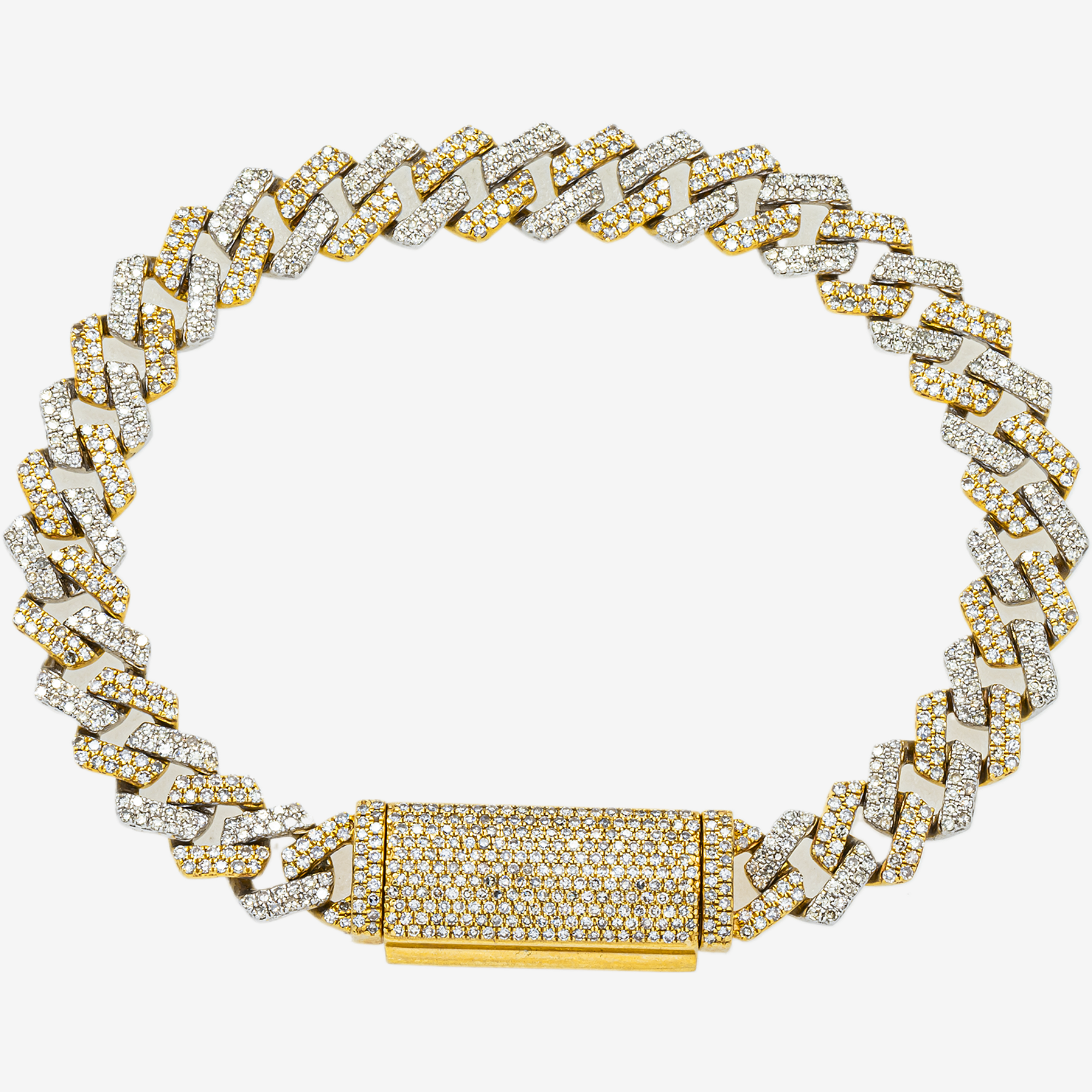10K TWO TONE YELLOW AND WHITE GOLD 7.5" / 8MM PRONG SET CUBAN BRACELET WITH  4.5CT DIAMONDS