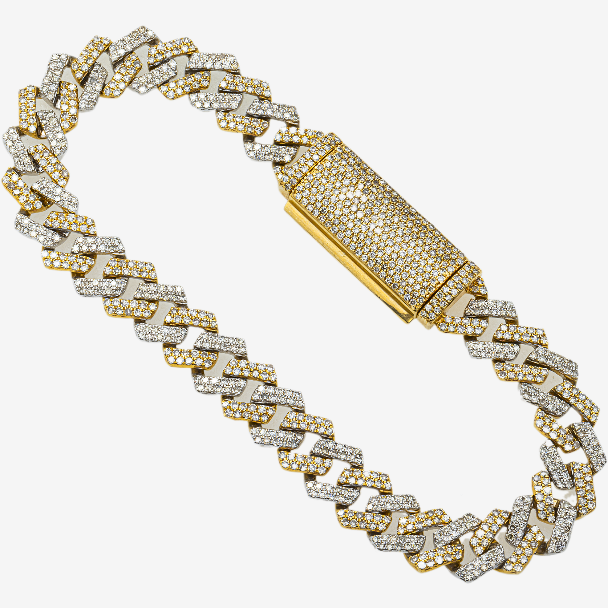10K TWO TONE YELLOW AND WHITE GOLD 7.5" / 8MM PRONG SET CUBAN BRACELET WITH  4.5CT DIAMONDS