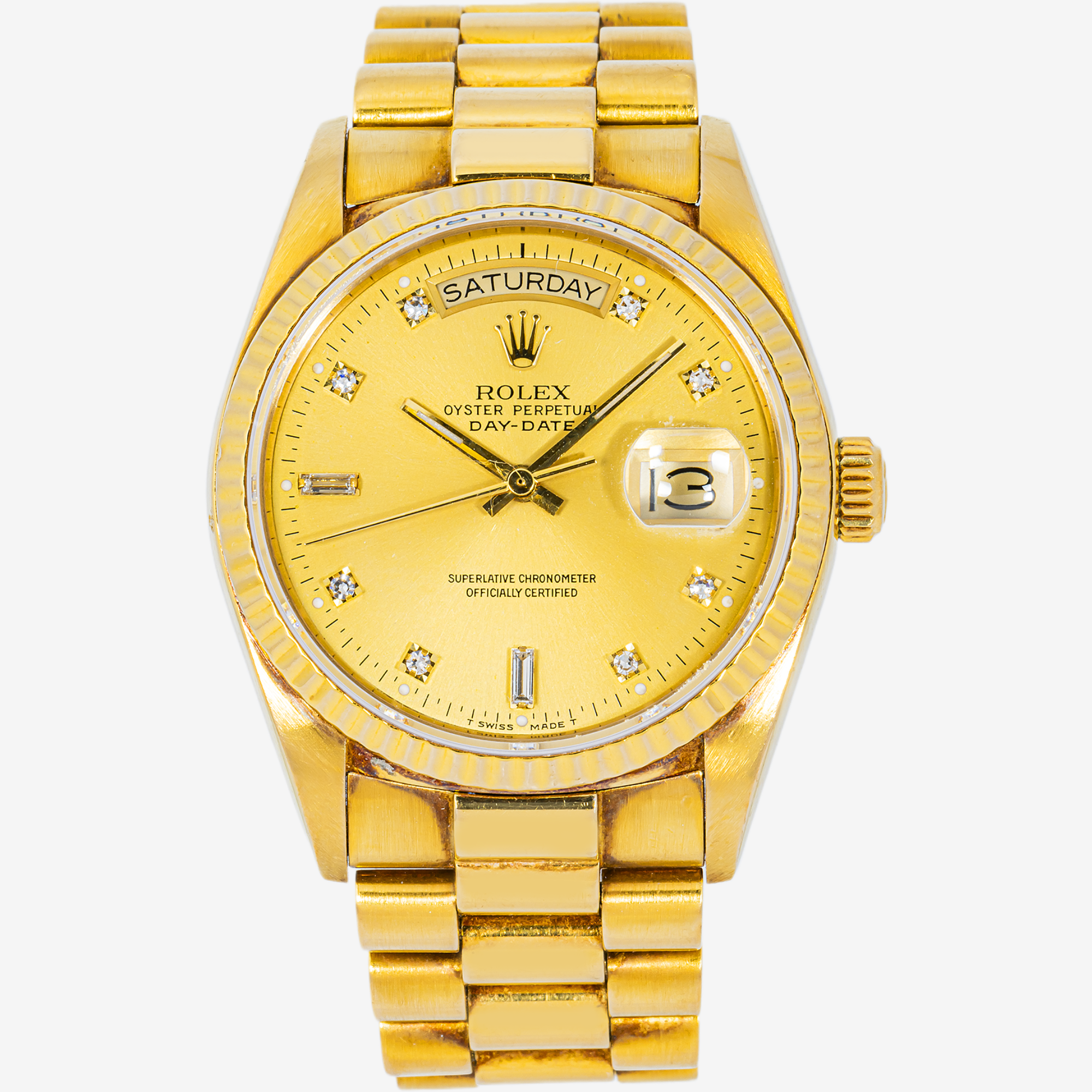 ROLEX DAY-DATE 36MM 1803 CHAMPAGNE DIAMOND DIAL FLUTED BEZEL YELLOW GOLD PRESIDENT BRACELET