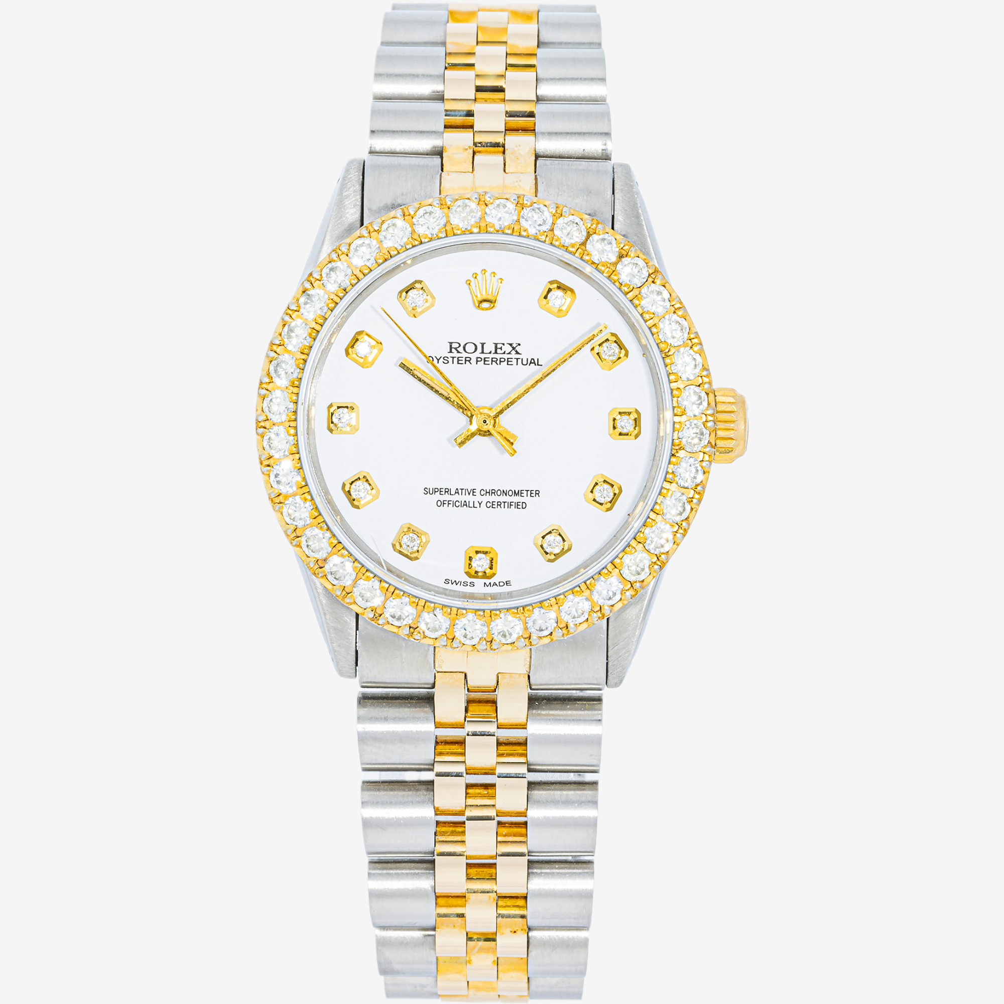 ROLEX DATEJUST 31MM 68273 WHITE INDEX DIAMOND DIAL DIAMOND BEZEL TWO TONE YELLOW GOLD JUBILEE BRACELET