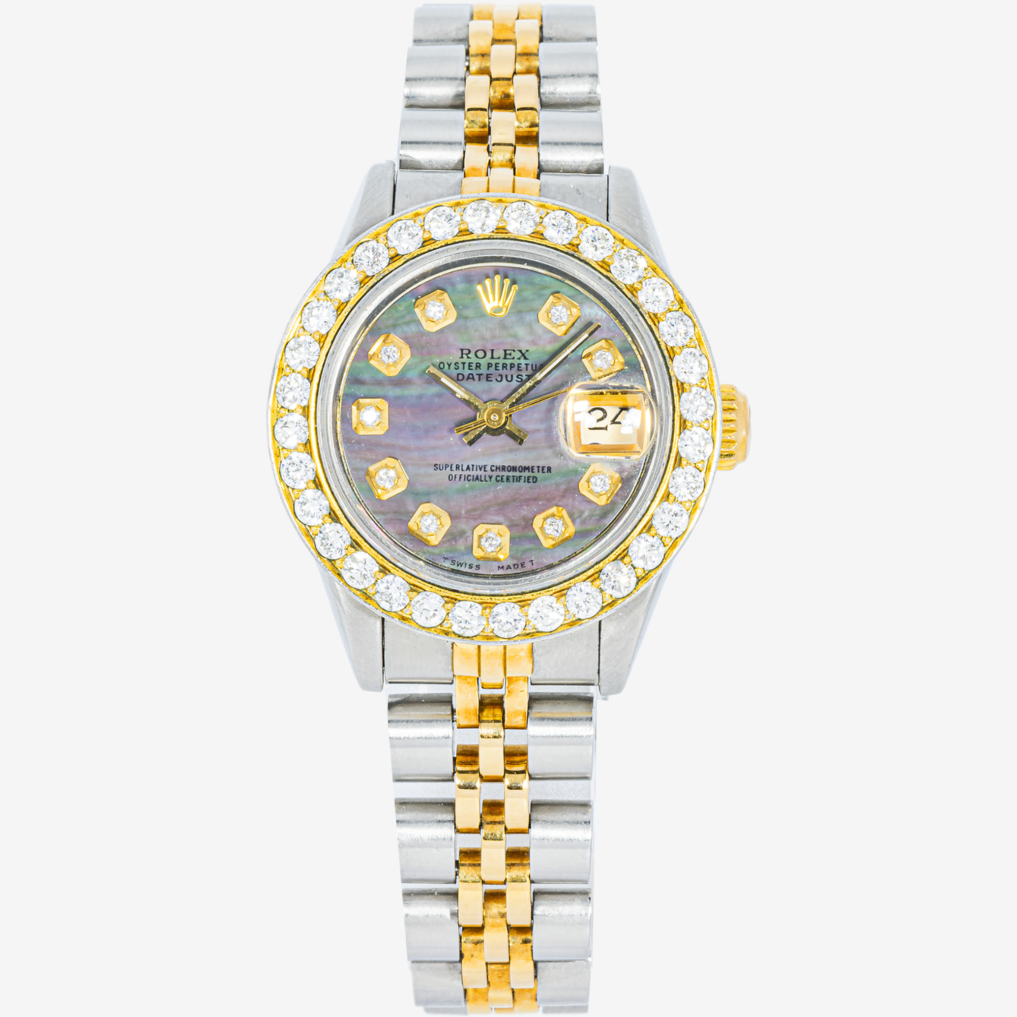 ROLEX DATEJUST 26MM 6917 BLACK MOTHER OF PEARL DIAMOND DIAL DIAMOND BEZEL TWO TONE YELLOW GOLD JUBILEE BRACELET 1.2CT
