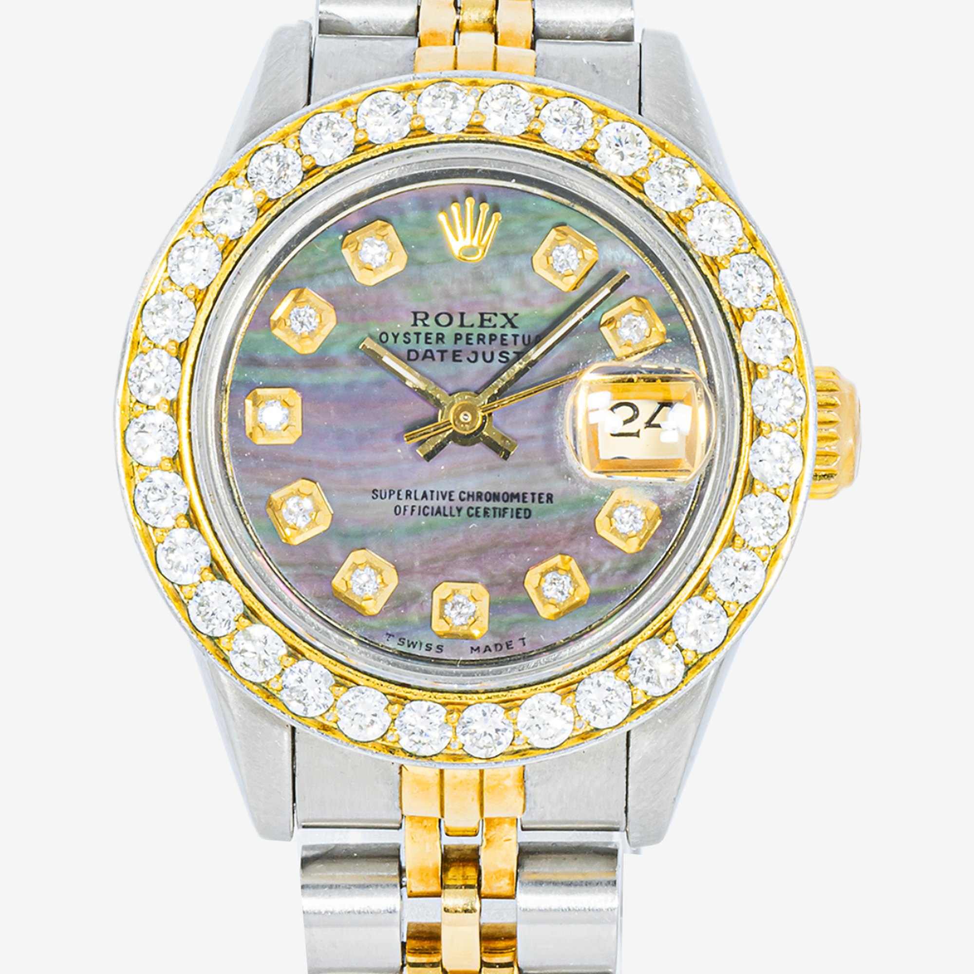 ROLEX DATEJUST 26MM 6917 BLACK MOTHER OF PEARL DIAMOND DIAL DIAMOND BEZEL TWO TONE YELLOW GOLD JUBILEE BRACELET 1.2CT