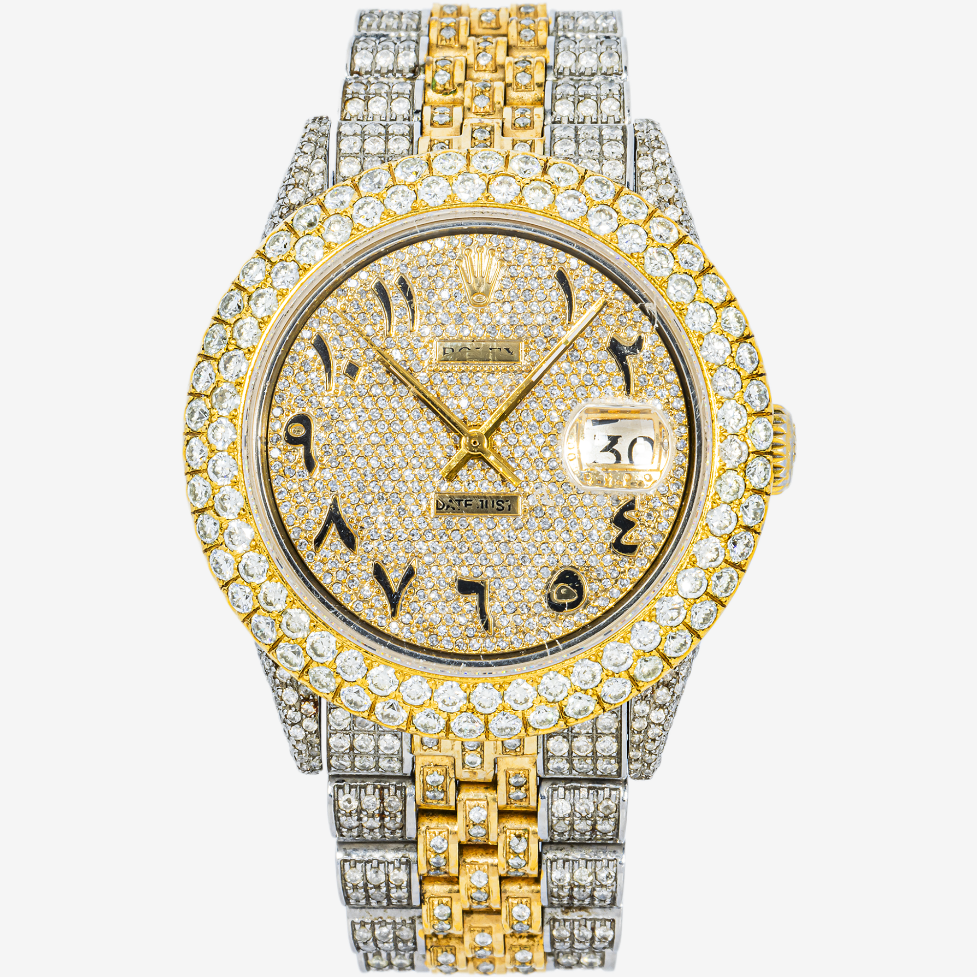 ROLEX DATEJUST 36MM 1601 DIAMOND PAVE ARABIC DIAL 2 ROW DIAMOND BEZEL TWO TONE YELLOW GOLD FULL DIAMOND JUBILEE BRACELET