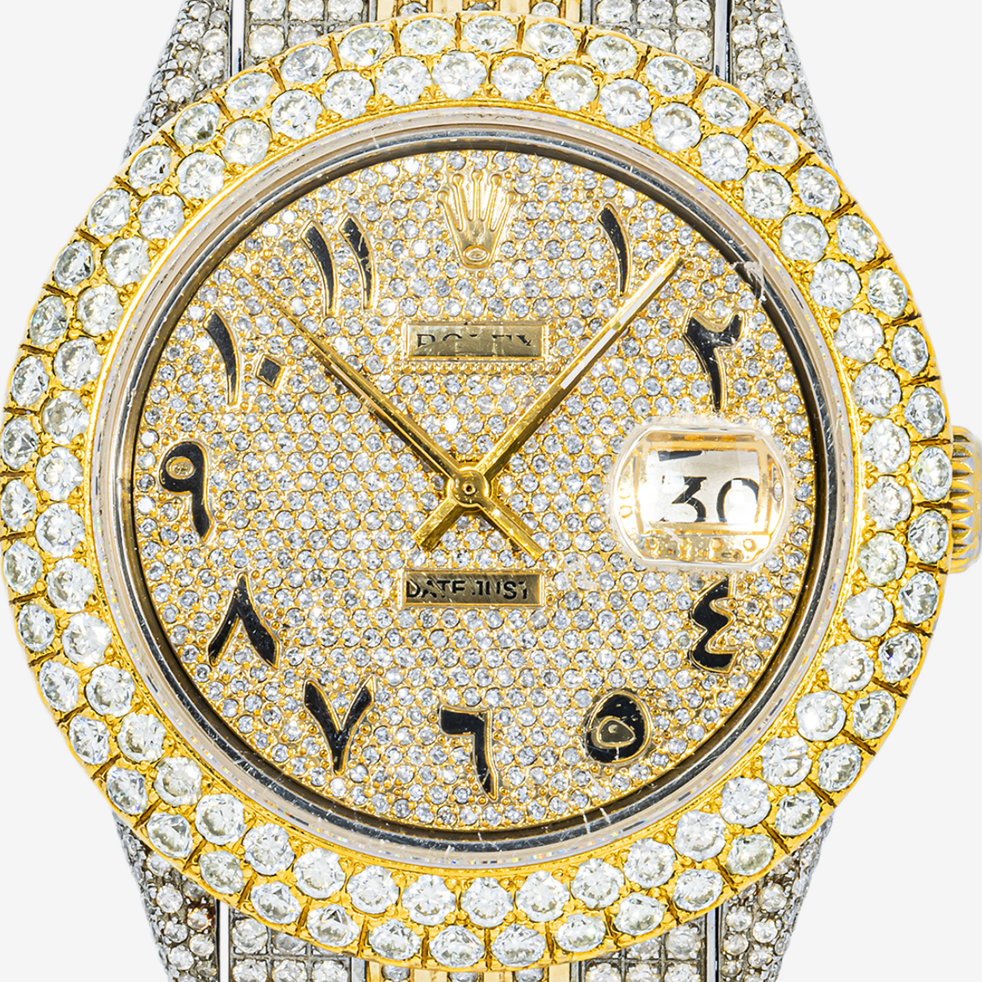 ROLEX DATEJUST 36MM 1601 DIAMOND PAVE ARABIC DIAL 2 ROW DIAMOND BEZEL TWO TONE YELLOW GOLD FULL DIAMOND JUBILEE BRACELET