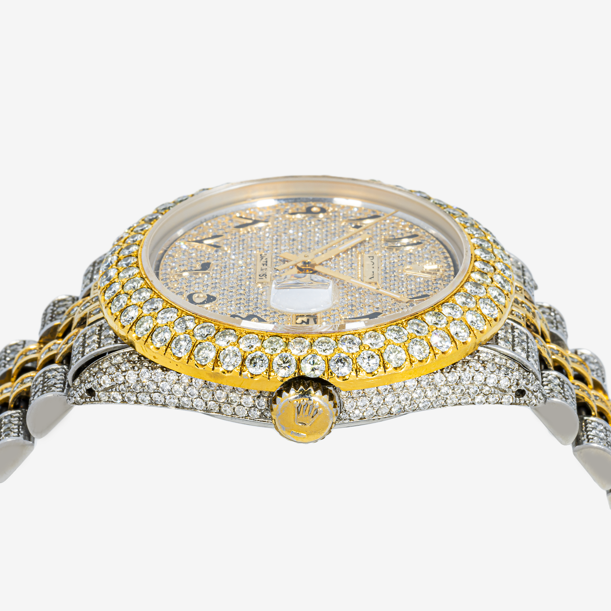 ROLEX DATEJUST 36MM 1601 DIAMOND PAVE ARABIC DIAL 2 ROW DIAMOND BEZEL TWO TONE YELLOW GOLD FULL DIAMOND JUBILEE BRACELET