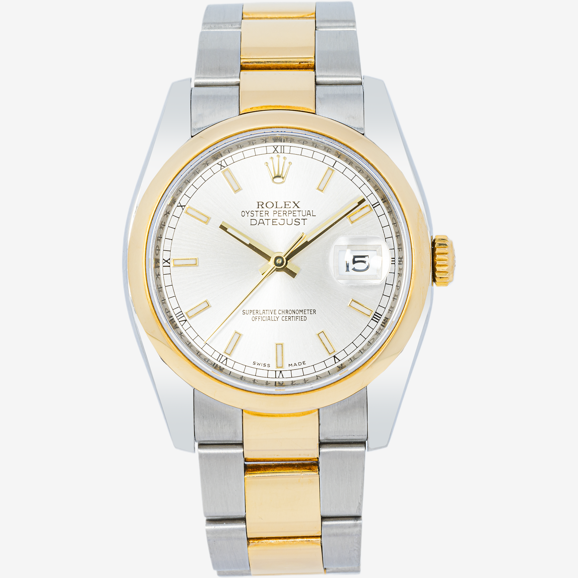 ROLEX DATEJUST 36MM 116203 SILVER DIAL SMOOTH BEZEL TWO TONE YELLOW GOLD OYSTER BRACELET