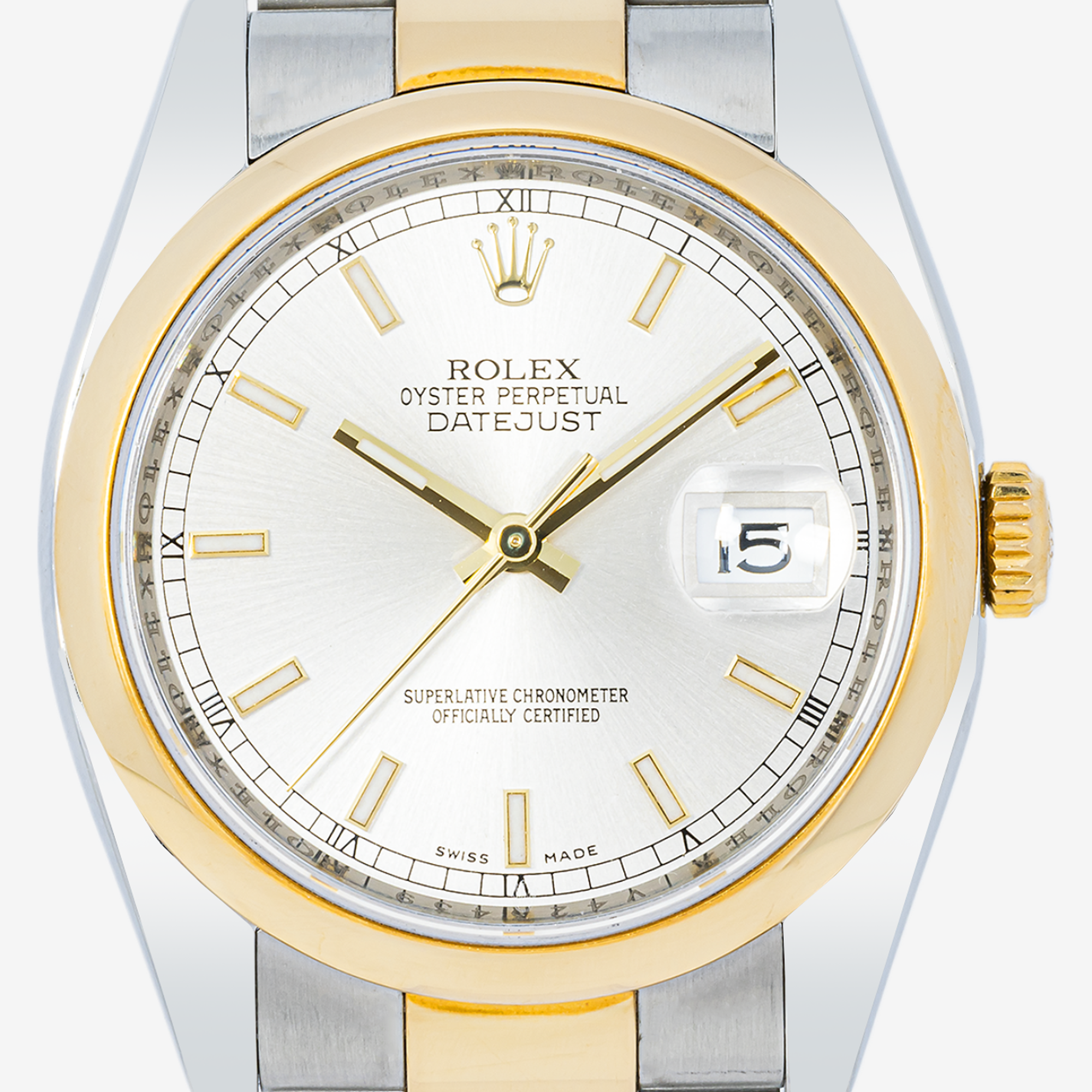 ROLEX DATEJUST 36MM 116203 SILVER DIAL SMOOTH BEZEL TWO TONE YELLOW GOLD OYSTER BRACELET
