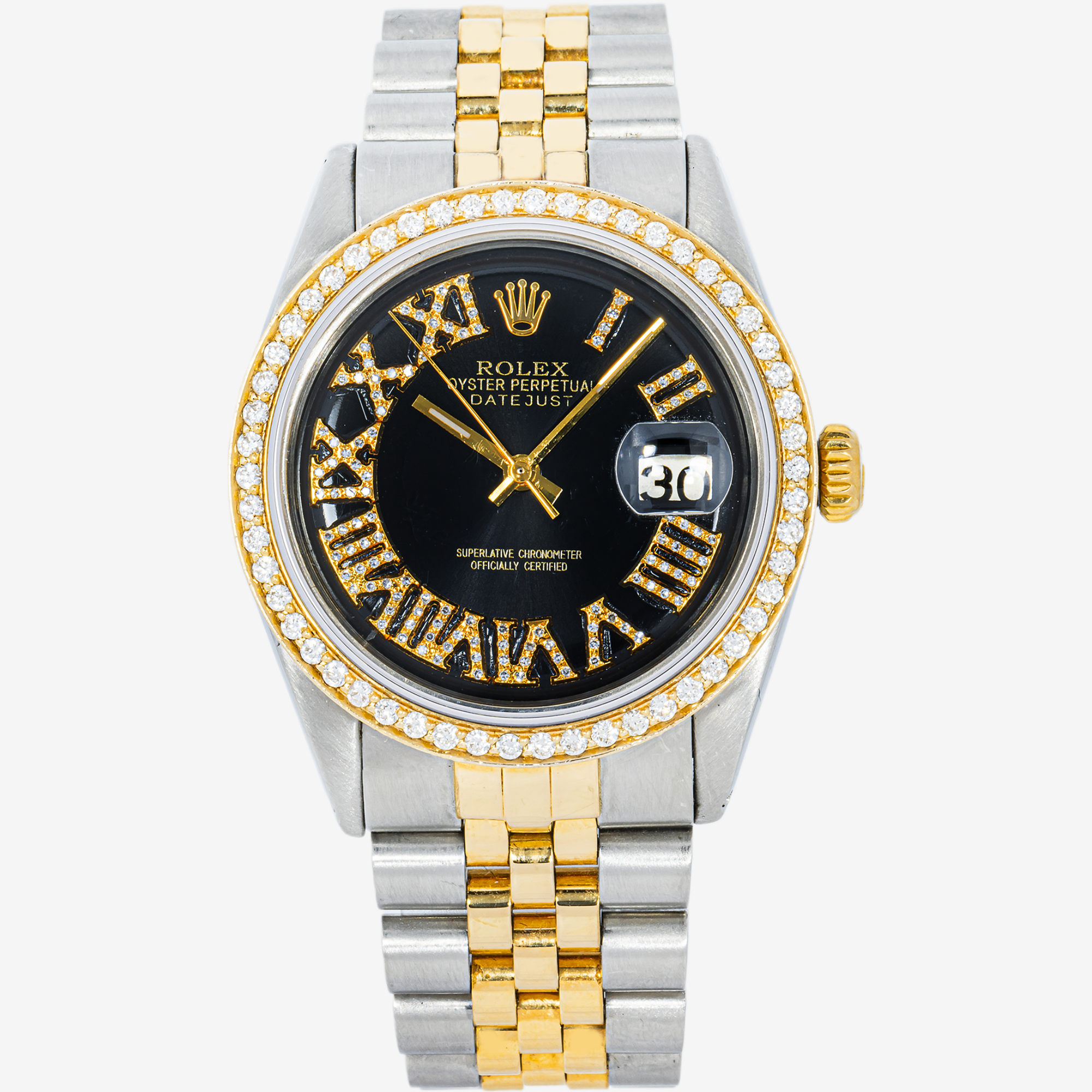 ROLEX DATEJUST 36MM 1601 BLACK ROMAN DIAMOND DIAL DIAMOND 1.2CT BEZEL TWO TONE YELLOW GOLD JUBILEE BRACELET