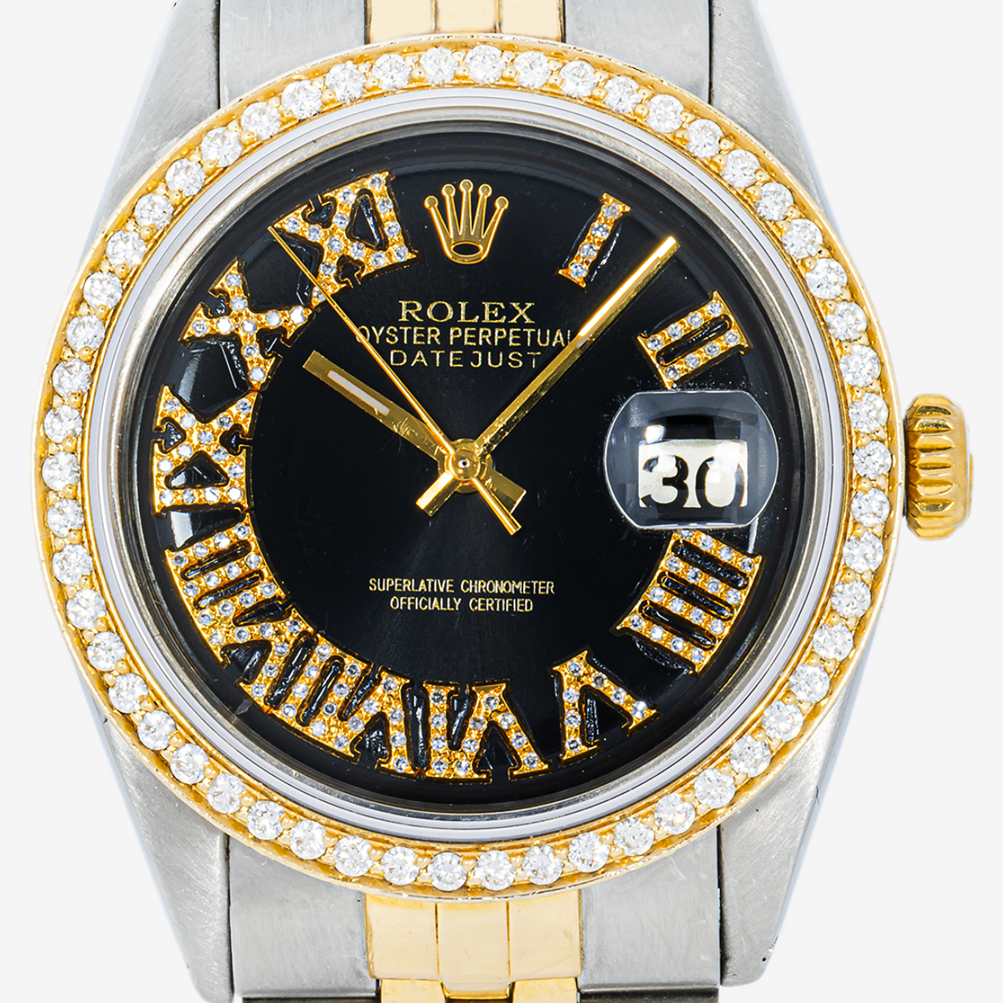 ROLEX DATEJUST 36MM 1601 BLACK ROMAN DIAMOND DIAL DIAMOND 1.2CT BEZEL TWO TONE YELLOW GOLD JUBILEE BRACELET