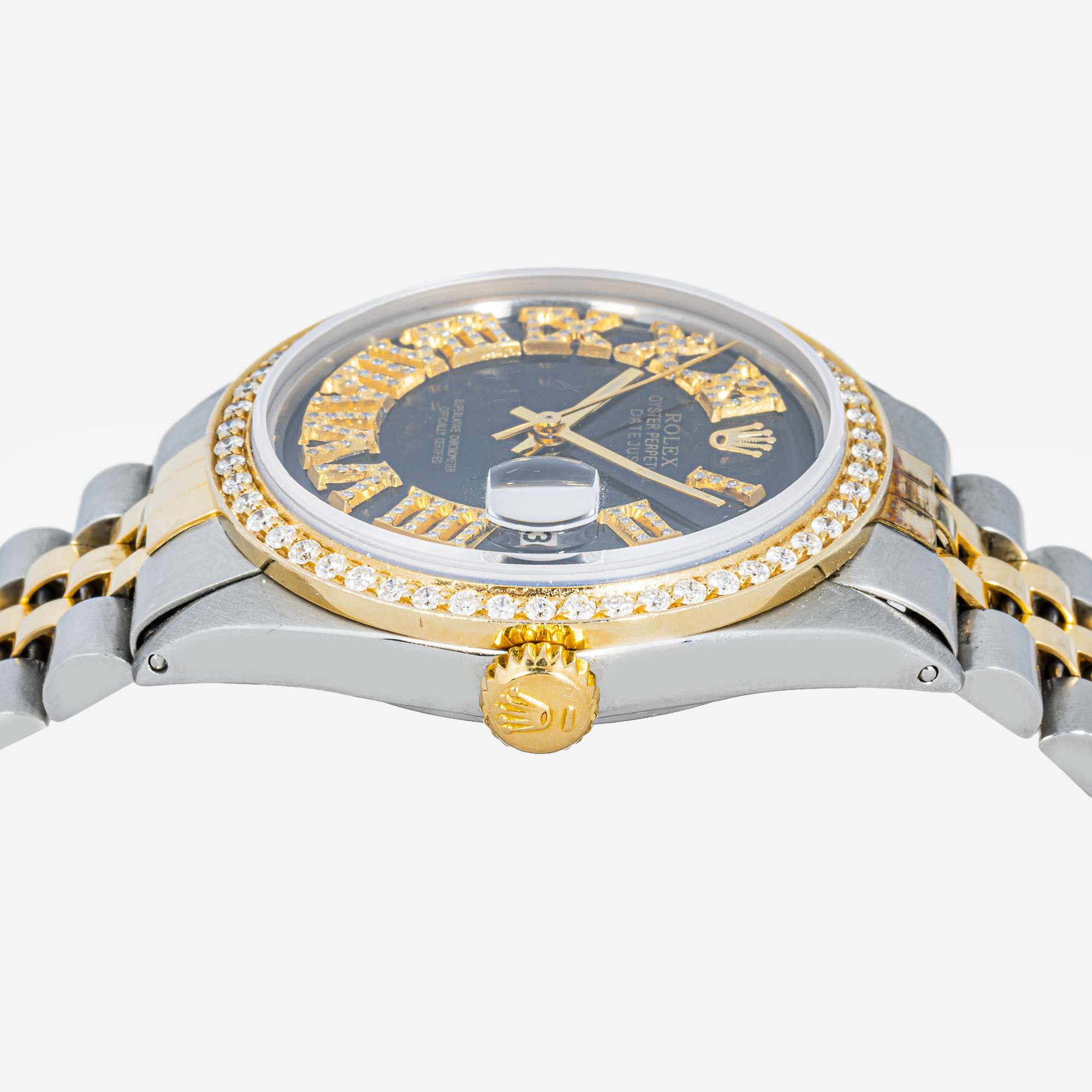 ROLEX DATEJUST 36MM 1601 BLACK ROMAN DIAMOND DIAL DIAMOND 1.2CT BEZEL TWO TONE YELLOW GOLD JUBILEE BRACELET