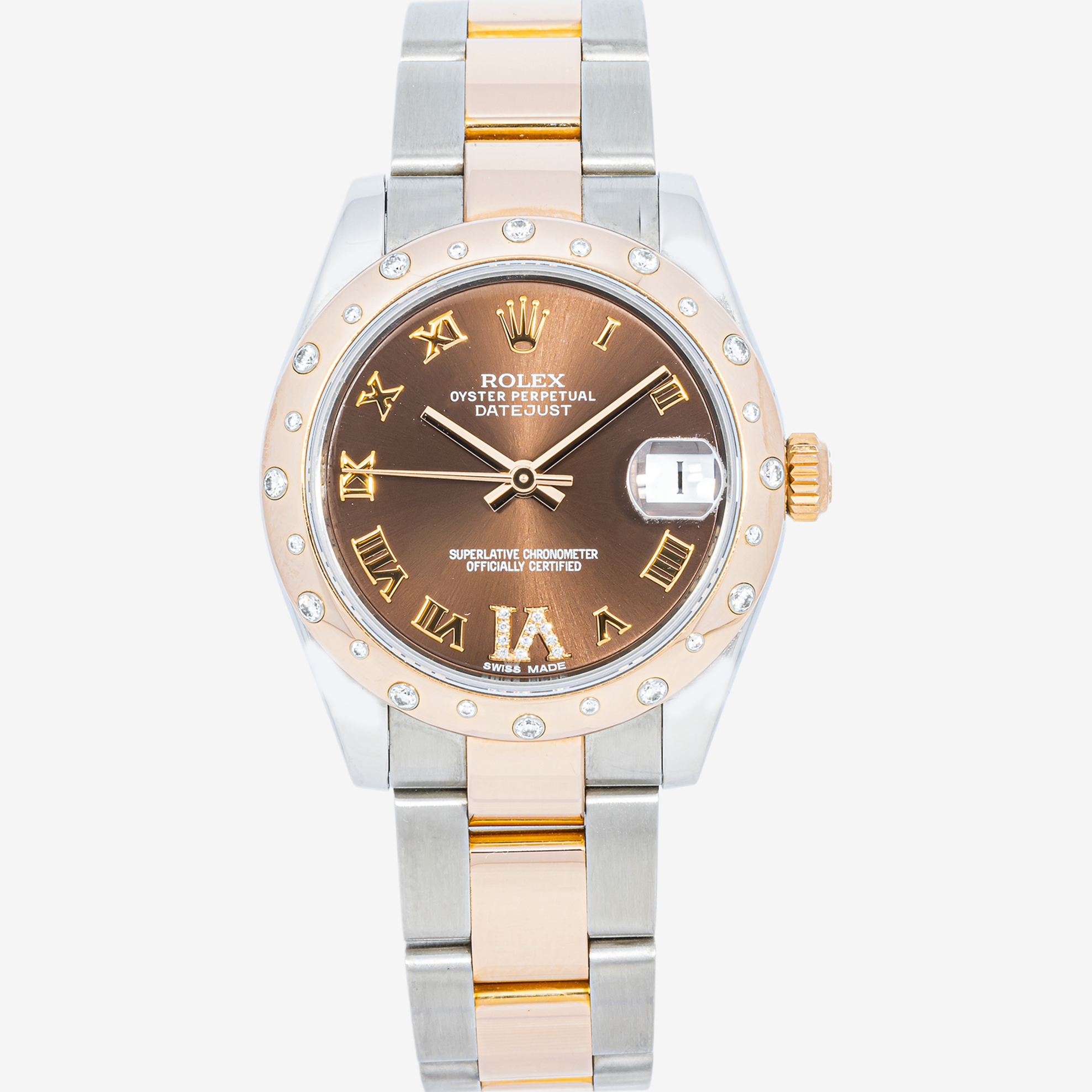 ROLEX DATEJUST 31MM 178341 CHOCOLATE ROMAN DIAMOND SCATTERED BEZEL TWO TONE ROSE GOLD OYSTER BRACELET