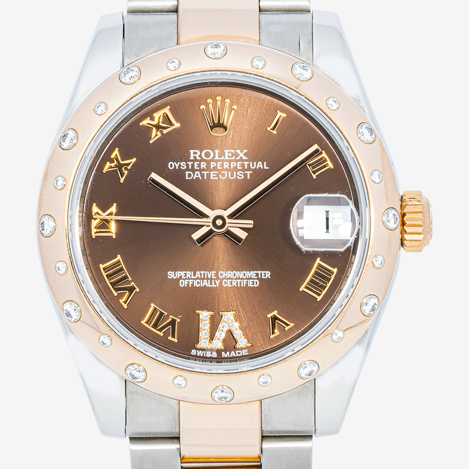 ROLEX DATEJUST 31MM 178341 CHOCOLATE ROMAN DIAMOND SCATTERED BEZEL TWO TONE ROSE GOLD OYSTER BRACELET