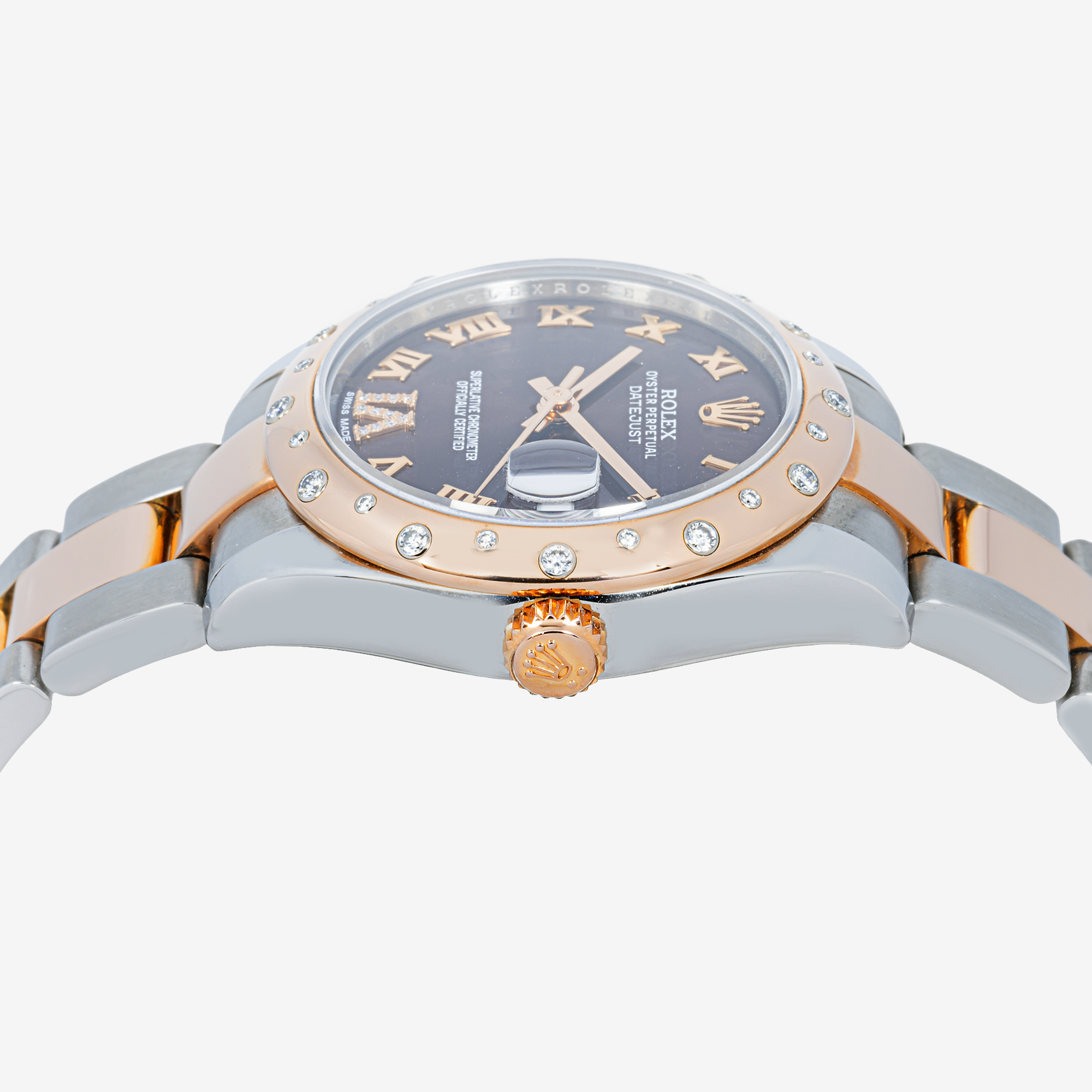 ROLEX DATEJUST 31MM 178341 CHOCOLATE ROMAN DIAMOND SCATTERED BEZEL TWO TONE ROSE GOLD OYSTER BRACELET