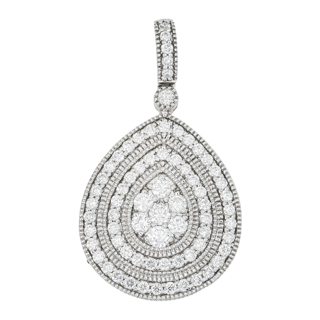 14K DIAMOND MULTI-ROW PEAR SHAPE MILGRAIN CONCENTRIC HALO CLUSTER TEARDROP PENDANT IN WG