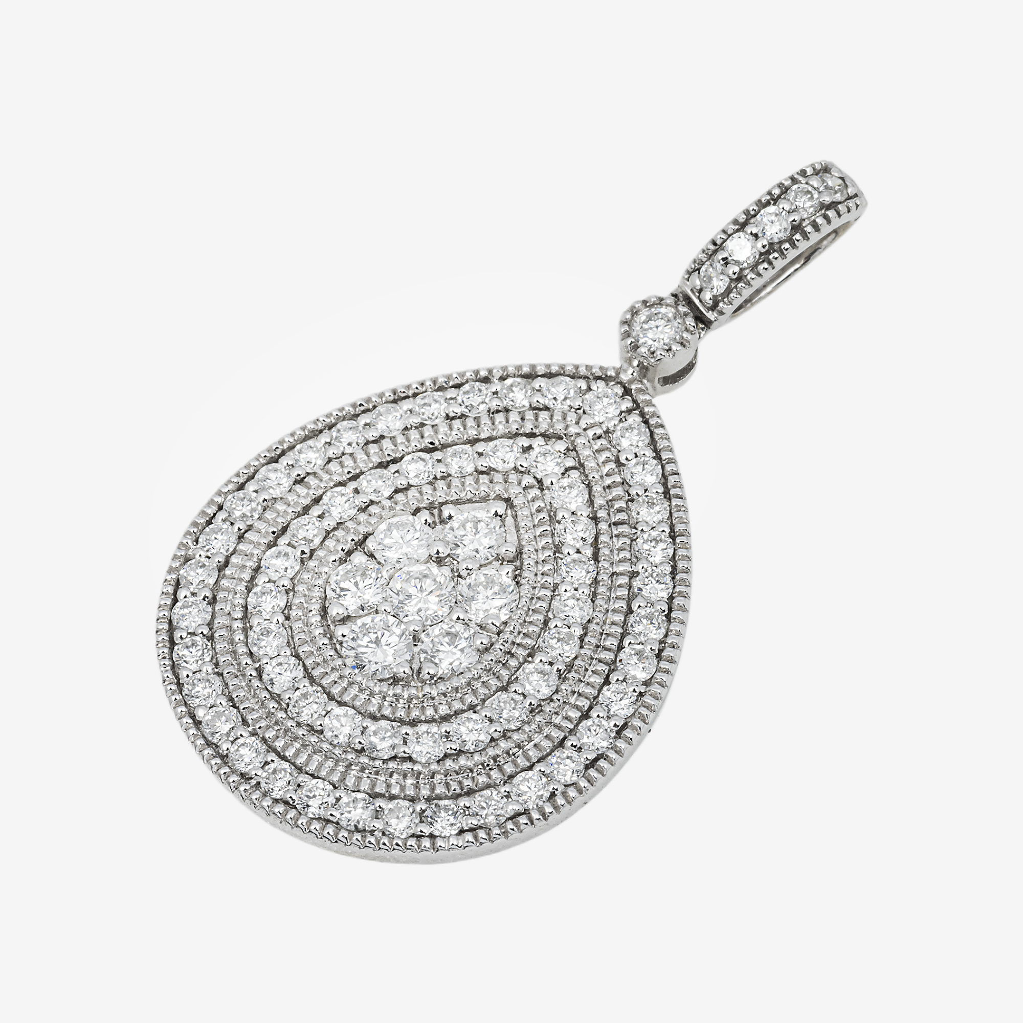 14K DIAMOND MULTI-ROW PEAR SHAPE MILGRAIN CONCENTRIC HALO CLUSTER TEARDROP PENDANT IN WG