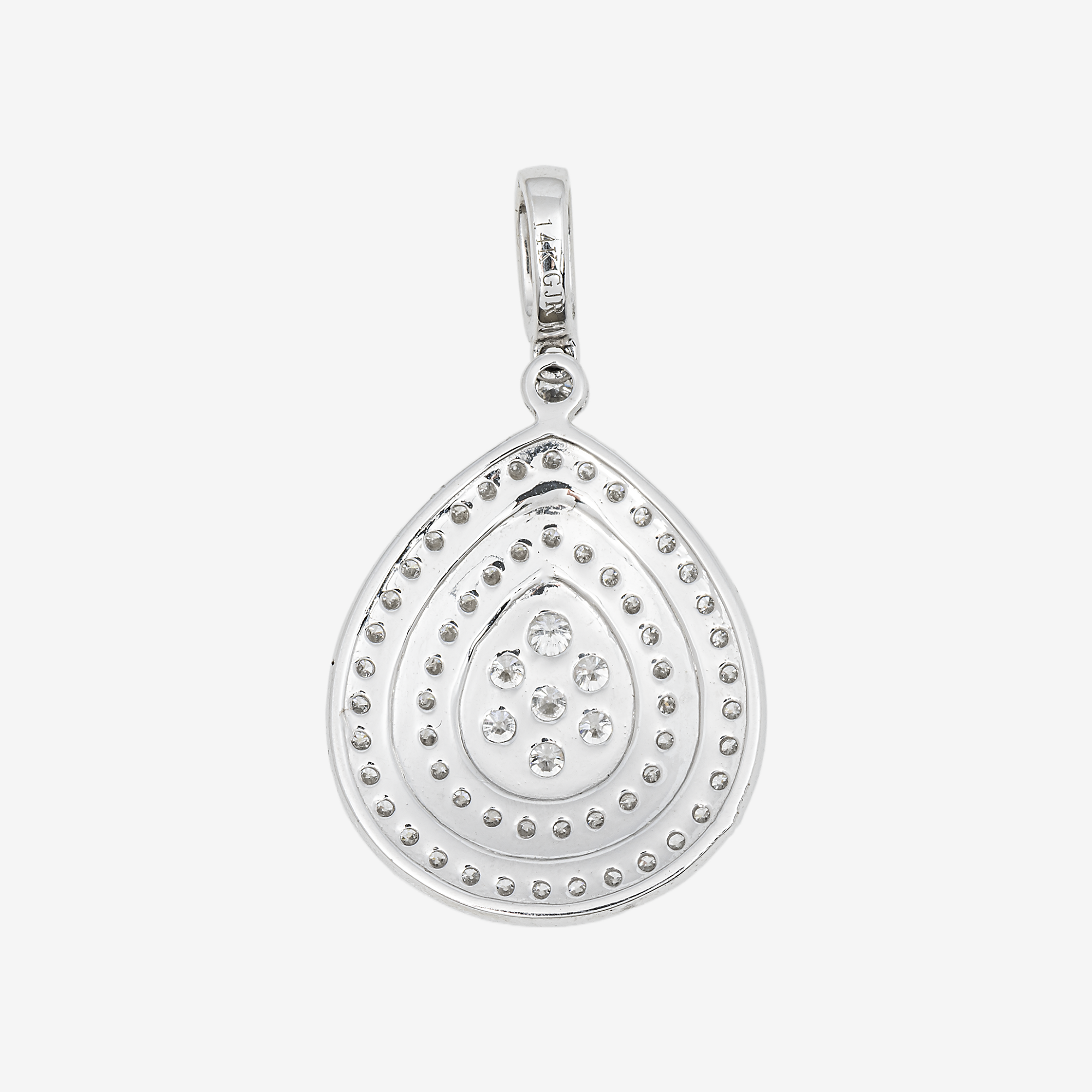 14K DIAMOND MULTI-ROW PEAR SHAPE MILGRAIN CONCENTRIC HALO CLUSTER TEARDROP PENDANT IN WG
