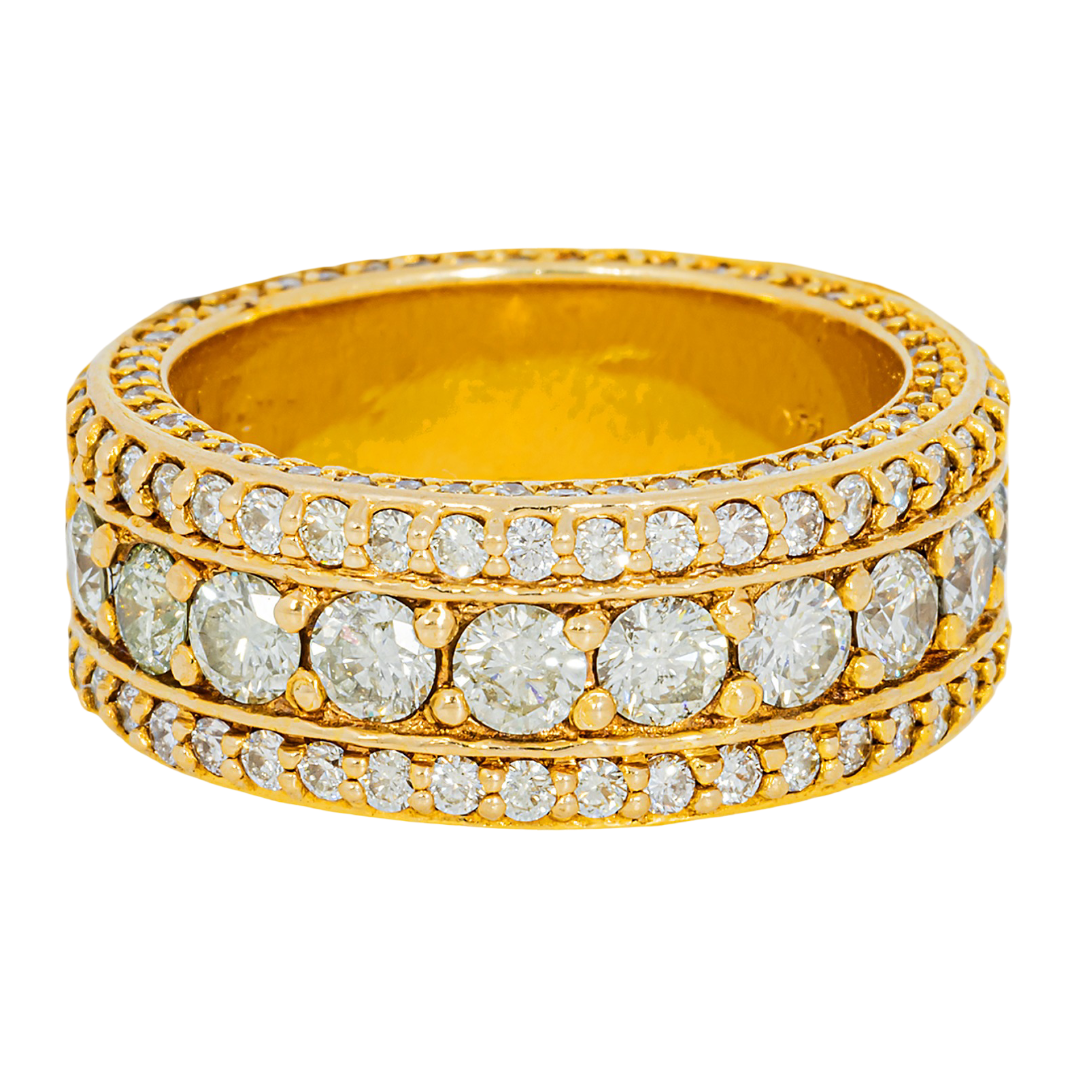 14K YELLOW GOLD ROUND DIAMOND 3-ROW ETERNITY BAND LARGE CENTER DIAMOND MILGRAIN PAVE WIDE WEDDING ANNIVERSARY RING