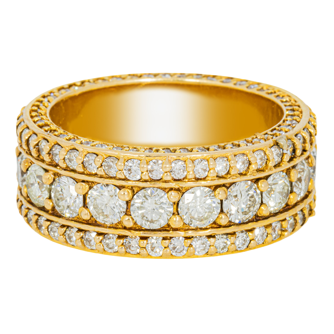 14K YELLOW GOLD ROUND DIAMOND 3-ROW ETERNITY BAND LARGE CENTER DIAMOND MILGRAIN PAVE WIDE WEDDING ANNIVERSARY RING