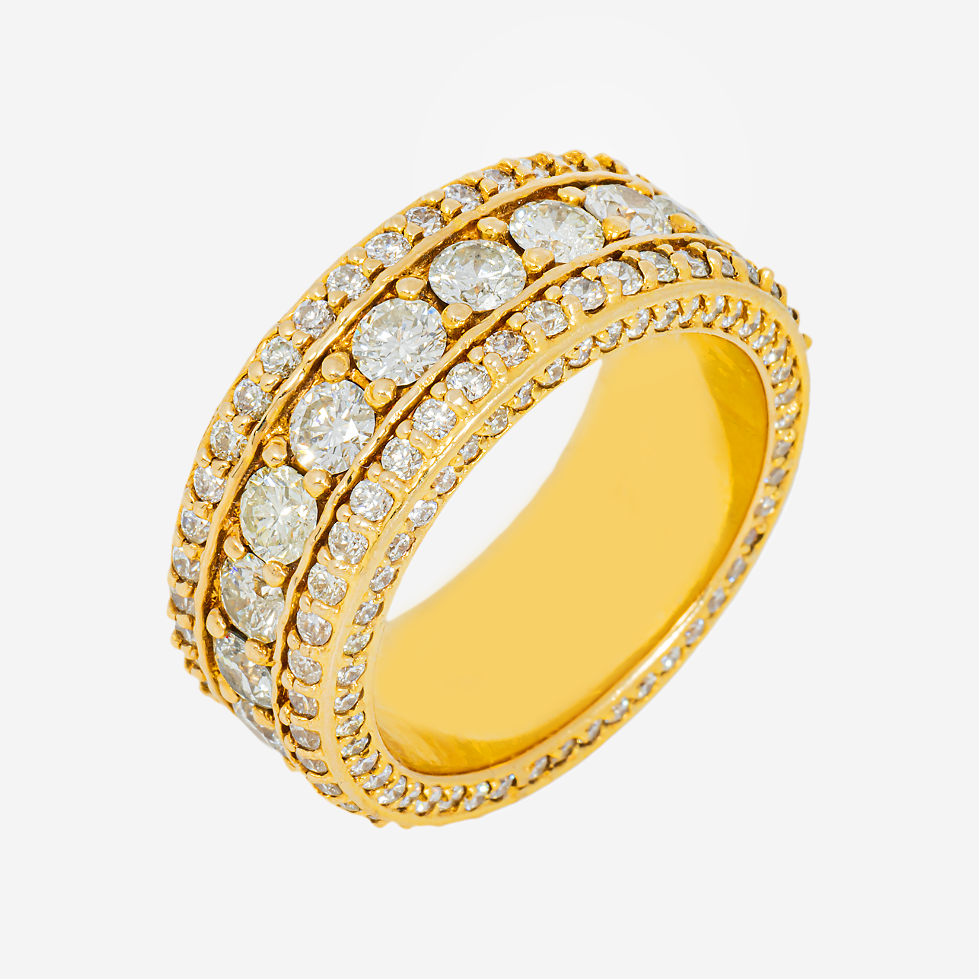 14K YELLOW GOLD ROUND DIAMOND 3-ROW ETERNITY BAND LARGE CENTER DIAMOND MILGRAIN PAVE WIDE WEDDING ANNIVERSARY RING