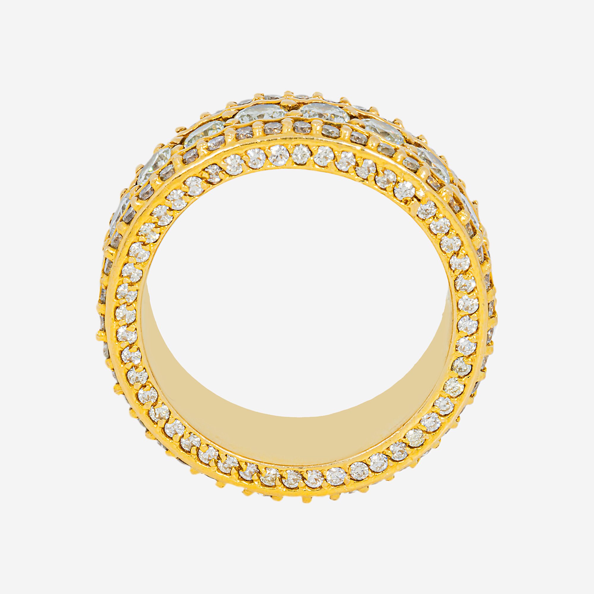 14K YELLOW GOLD ROUND DIAMOND 3-ROW ETERNITY BAND LARGE CENTER DIAMOND MILGRAIN PAVE WIDE WEDDING ANNIVERSARY RING