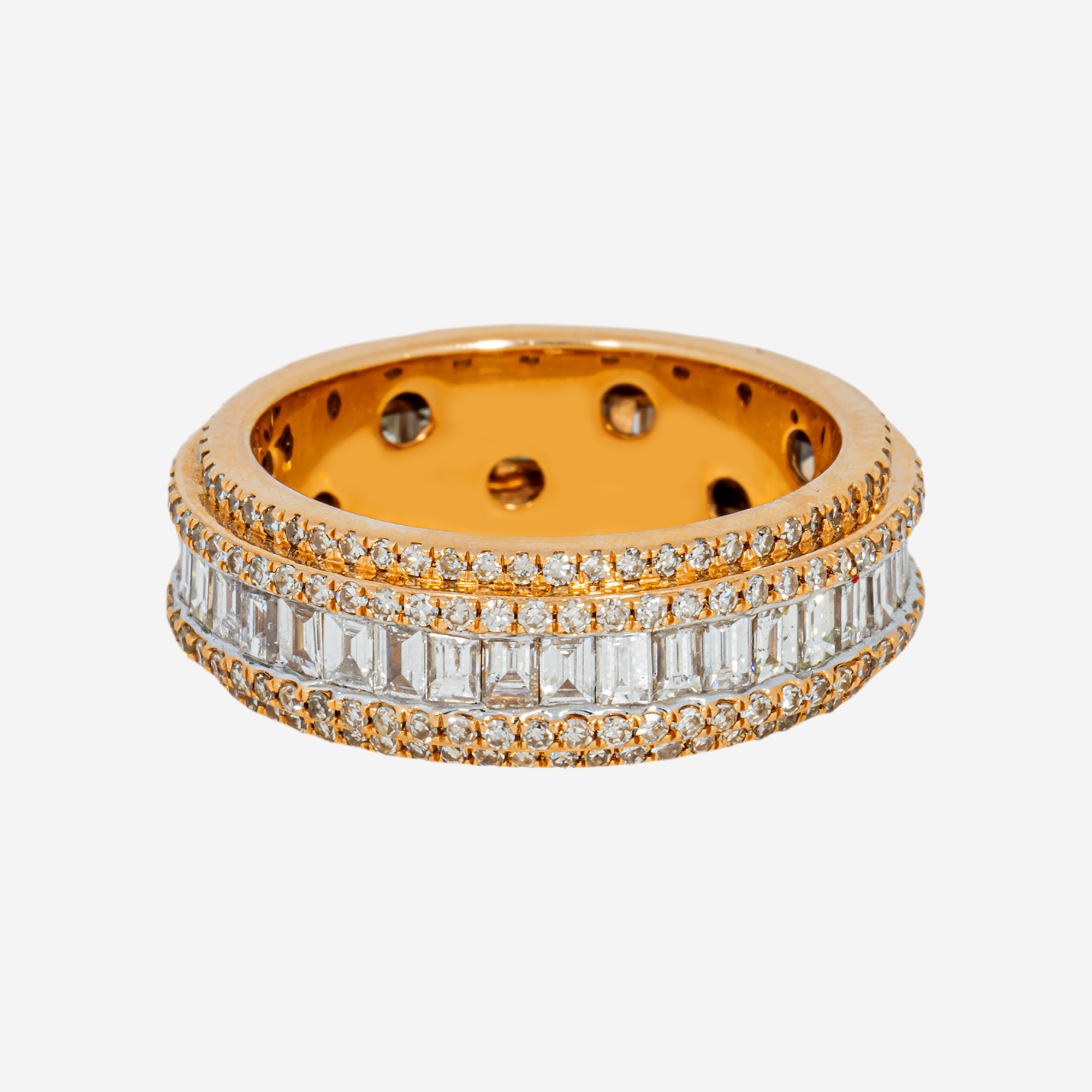 14K BAGUETTE & ROUND DIAMOND ETERNITY BAND CHANNEL SET 3-ROW FULL ETERNITY WEDDING RING IN RG