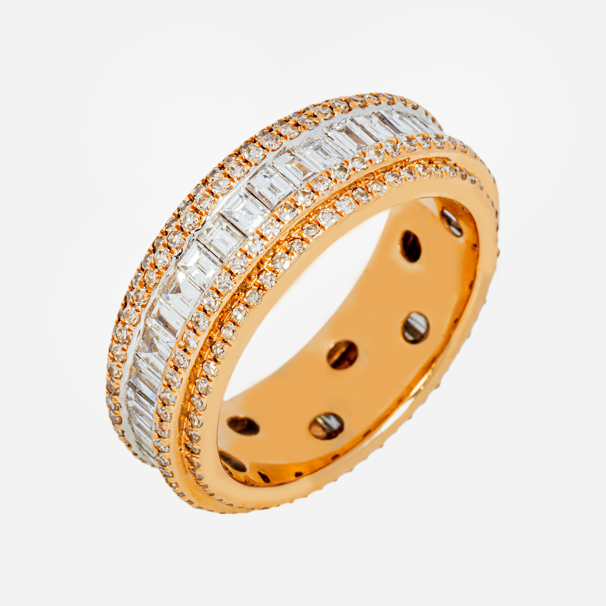 14K BAGUETTE & ROUND DIAMOND ETERNITY BAND CHANNEL SET 3-ROW FULL ETERNITY WEDDING RING IN RG